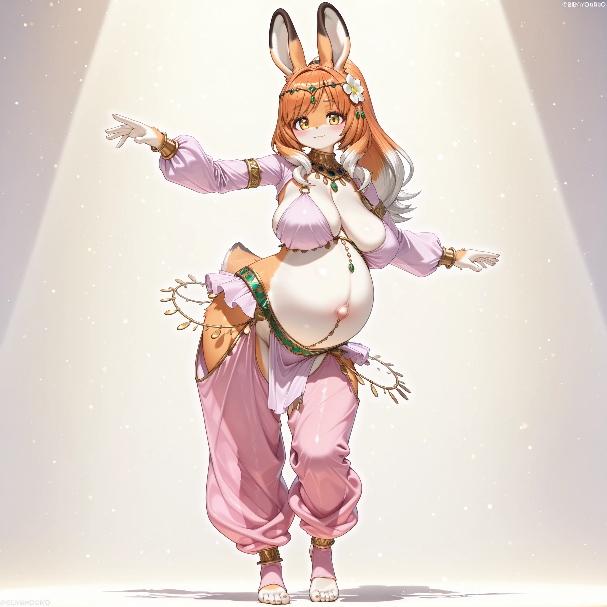 (1girl, solo, hare girl, furry, Kemono, Fluffy fur, coloured fur, orange fur, two tone fur, orange hair, long hair, bangs, ponytail, hair flower, yellow eyes, big breasts, cleavage, sagging breasts, navel, pregnant, big belly, wide hips, belly dancer, harem genie outfit, long sleeves, simple top, mini skirt, pelvic curtain, very big harem chaps, very baggy oversized chaps, toeless socks, barefoot, neck ring, circlet, gold trim, body jewelry, standing, dancing, looking to viewer, blush, happy, stylish, graceful, sexy, charming, cute, mature, full body, beautiful environment, gothicstyle, biyōjo, moe, 3d, source_anime, beautiful aesthetic, simple background, masterpiece, best quality)