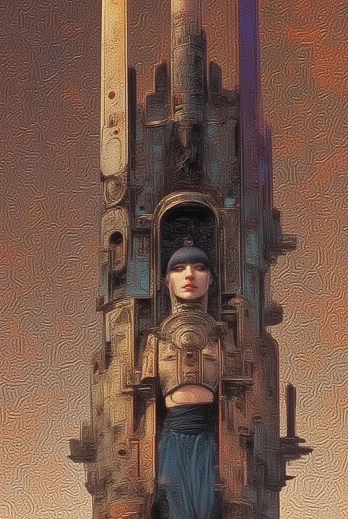 advertising signs in the desert, rusty smooth metal panels with screwed and welded parts, a girl in a leather  and tight tank top, pronounced , in the distance you can see a futuristic city (art inspired by Dave Mckean, details intricate, oil painting)