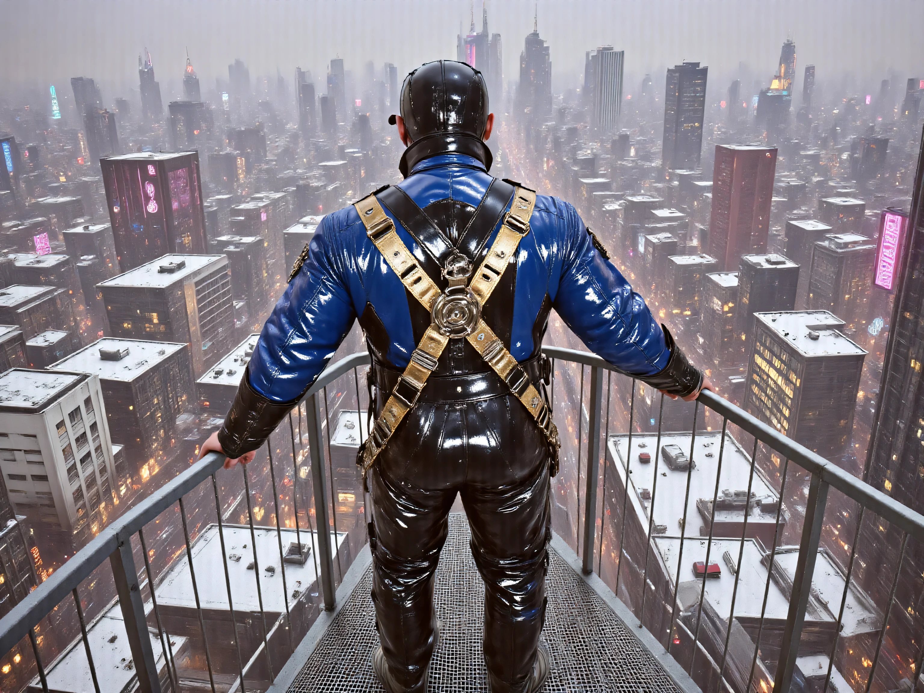 A 52 year old musclebear weighing 290 pounds wearing a GothTrench in bright blue and black with a shiny gold rubber construction safety harness over it, wearing shiny polished black rubber pants, standing high above a city skyline on a snowy day, on a billboard sign, Christmas season, Christmas billboard, lighting, catwalk on billboard 
