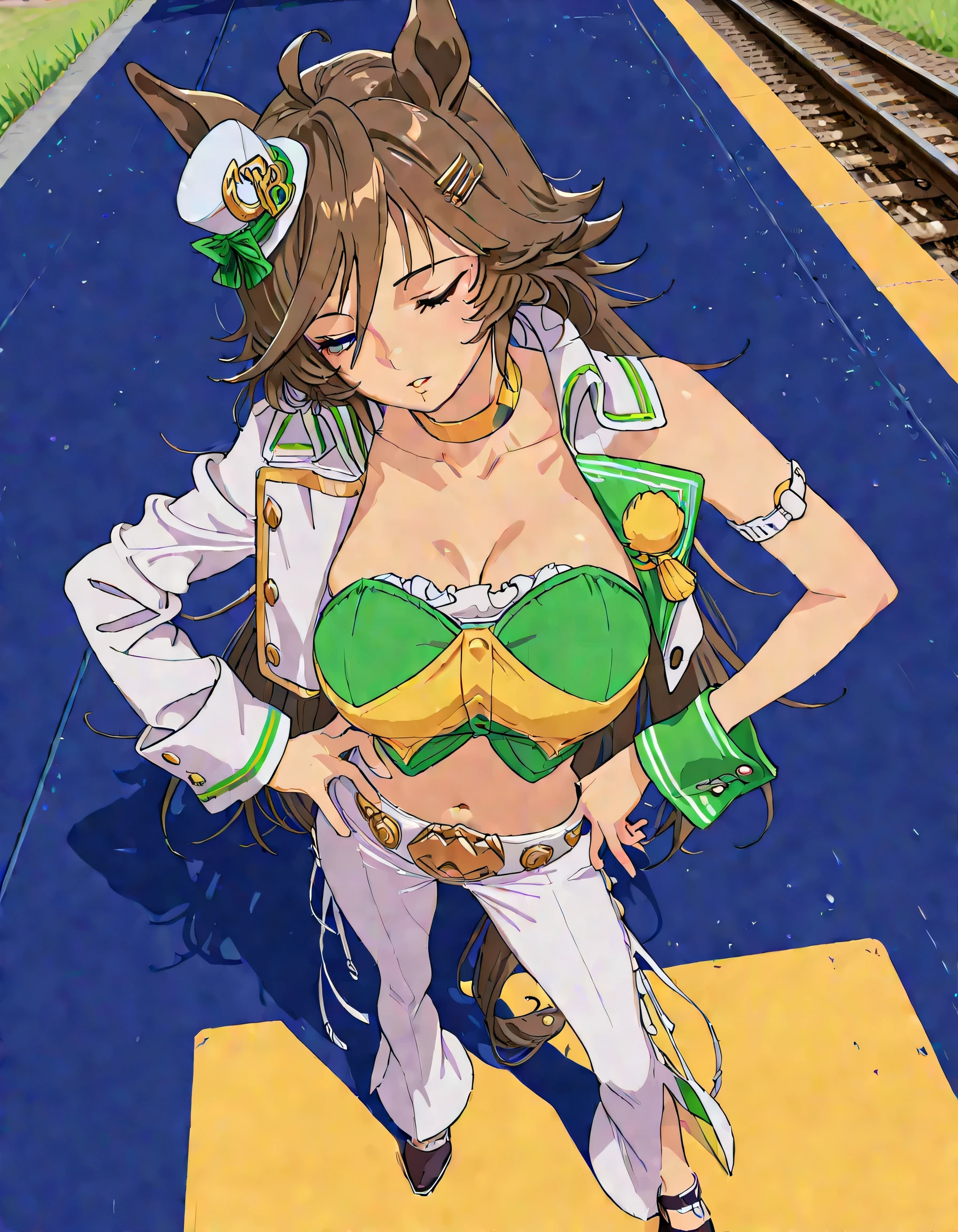 masterpiece masterpiece, ultra-HD, impressionism, high detail, best quality, very aesthetic, 8k, best quality, beautiful, anime coloring , mr. c.b. (umamusume),  solo , big  , strapless shirt, white tight pants , high-waisted and flared pants , midriff, single sleeve, navel, white jacket, long sleeves, green shirt, collarbone, , yellow choker, parted lips, open jacket, crop top, parted lips, wrist cuffs, high heels, arm belt , long legs , hand on hip , standing , full body , railway background , from above , foreshortening, perspective