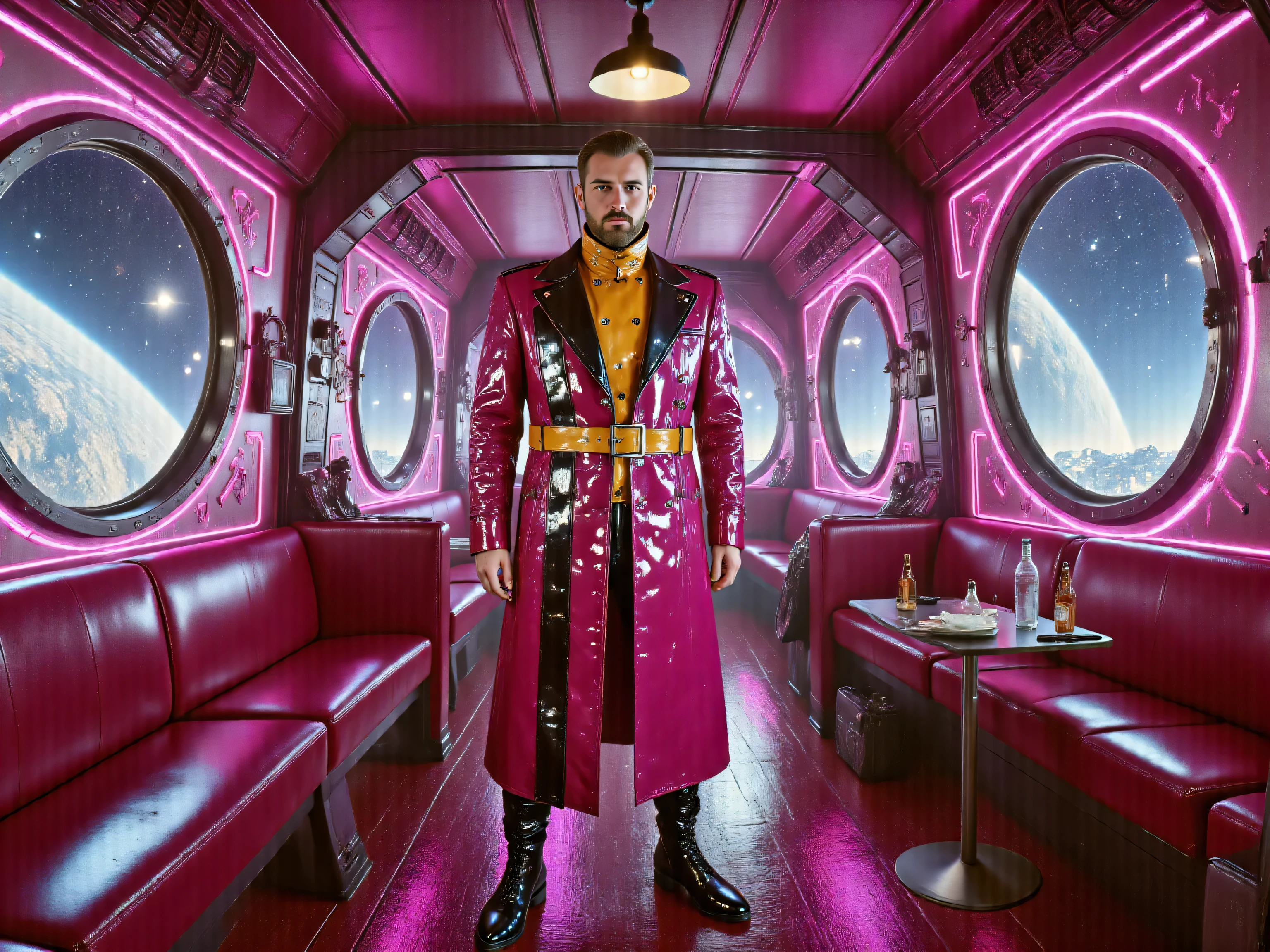 Inside of a nightclub at a futuristic space hotel with the world viewed through porthole windows, the astral above earth, a man wearing a pink and black GothTrench with a thick heavy wide yellow belt at the , wearing shiny purple latex pants, wearing black polished ankle high boots, in the club near a window seat, U shaped seating, high end night club, bottle serving robots
