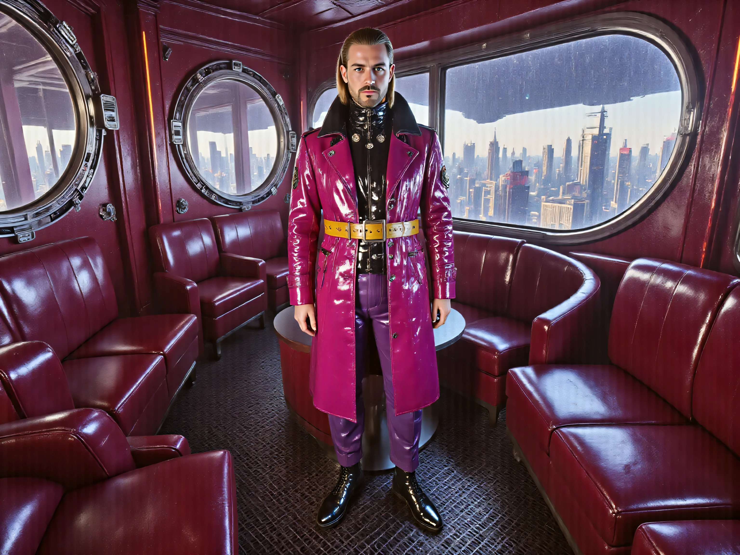 Inside of a nightclub at a futuristic space hotel with the world viewed through porthole windows, the astral above earth, a man wearing a pink and black GothTrench with a thick heavy wide yellow belt at the , wearing shiny purple latex pants, wearing black polished ankle high boots, in the club near a window seat, U shaped seating, high end night club, bottle serving robots