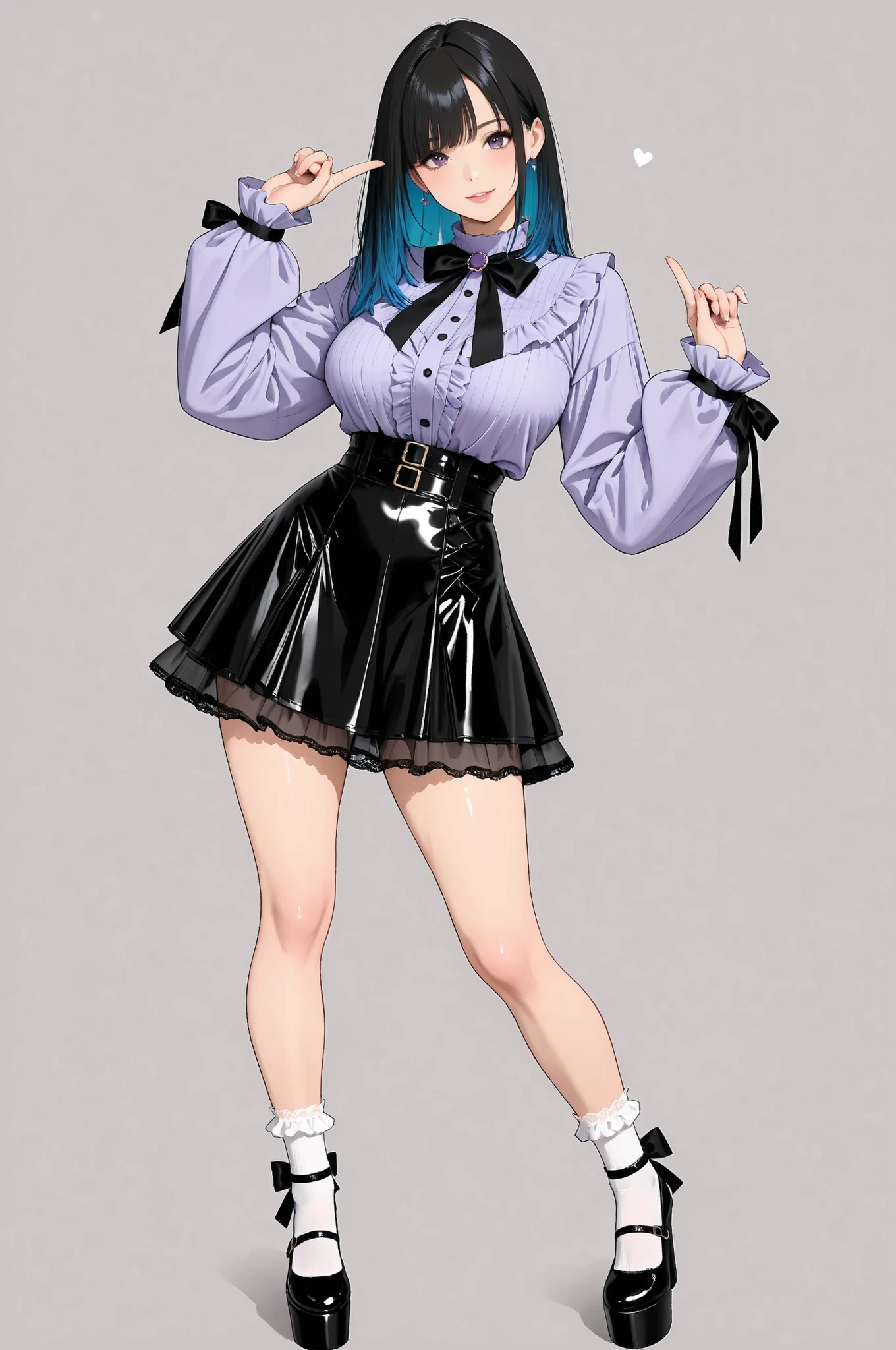 ((inspired by)),(masterpiece, best quality),beautiful, beautiful-woman, ((detailed face)).(full body:1.3).,
finger repair,Finger optimization,complete repair,full body, perfect body, perfect anatomy, body shine, beautiful body, perfect chest, perfect hips,,,
,.
1-woman
(The woman is wearing jirai-kei fashion).(platform footwear). ,(frilled lace-socks:1.2),(colored inner hair),(colored tips),large breasts。
The woman is wearing jirai-kei fashion; Lavender floral chiffon blouse with double-layer ruffled yoke and self-fabric necktie bow; long puff sleeves cinched at wrists with elasticated cuffs; high-waist ivory A-line skirt featuring asymmetrical gold-tone button closure on the waistband and gentle flare hem; white ankle lace-socks with subtle ribbed texture; black patent leather platform lace-up shoes with chunky block heels,