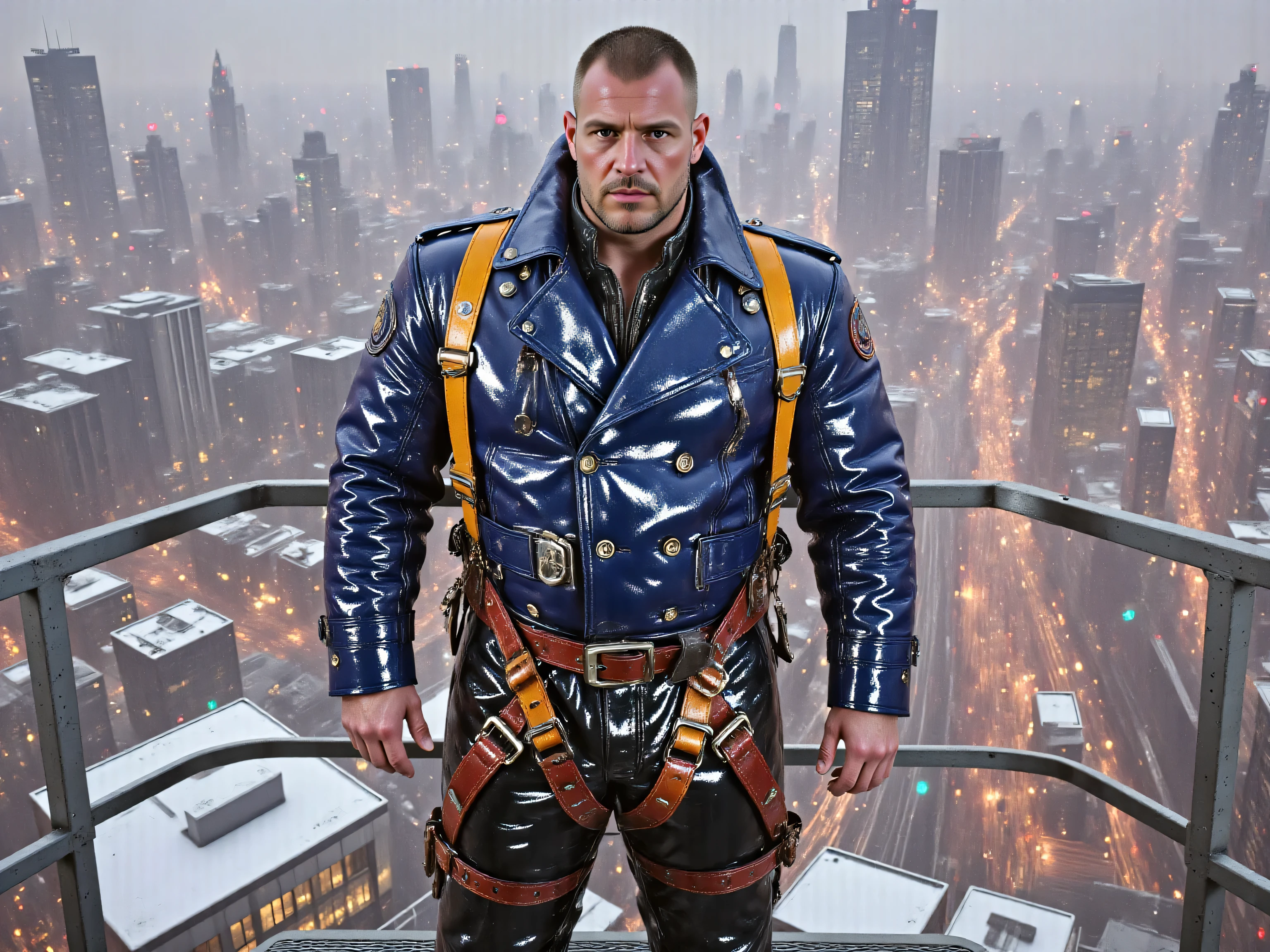 A 52 year old musclebear weighing 290 pounds wearing a GothTrench in bright blue and black with a shiny gold rubber construction safety harness over it, wearing shiny polished black rubber pants, standing high above a city skyline on a snowy day, on a billboard sign, Christmas season, Christmas billboard, lighting, catwalk on billboard