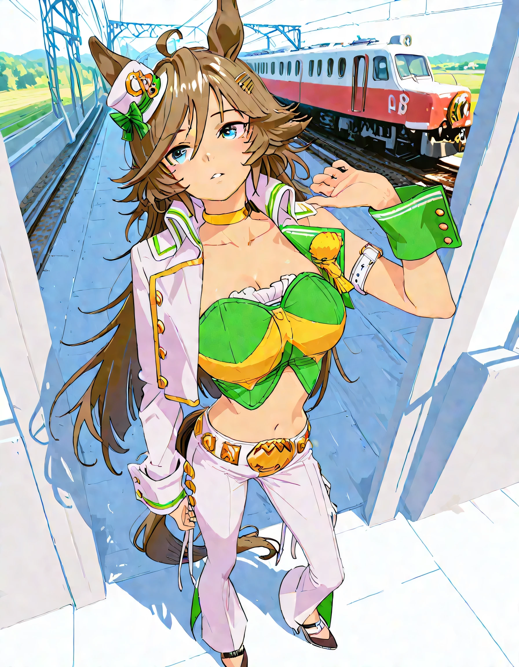 masterpiece masterpiece, ultra-HD, impressionism, high detail, best quality, very aesthetic, 8k, best quality, beautiful, anime coloring , mr. c.b. (umamusume), brown hair , blue eyes , big , strapless shirt, white tight pants , high-waisted and flared pants , midriff, single sleeve, navel, white jacket, long sleeves, green shirt, collarbone, , yellow choker, parted lips, open jacket, crop top, parted lips, wrist cuffs, high heels, arm belt , long legs , standing with limbs aparts , full body , railway background , from above