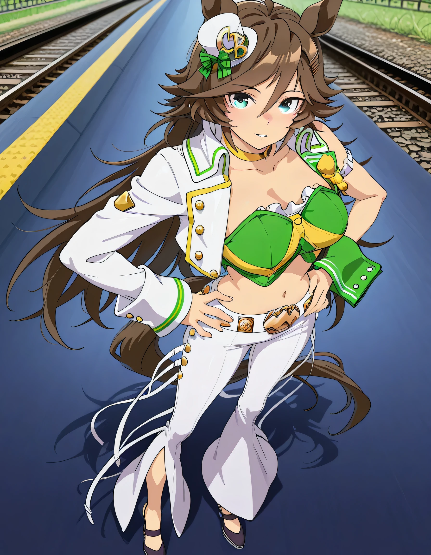 masterpiece masterpiece, ultra-HD, impressionism, high detail, best quality, very aesthetic, 8k, best quality, beautiful, anime coloring , mr. c.b. (umamusume), solo , big , strapless shirt, white tight pants , high-waisted and flared pants , midriff, single sleeve, navel, white jacket, long sleeves, green shirt, collarbone, , yellow choker, parted lips, open jacket, crop top, parted lips, wrist cuffs, high heels, arm belt , long legs , hand on hip , standing , full body , railway background , from above , foreshortening, perspective