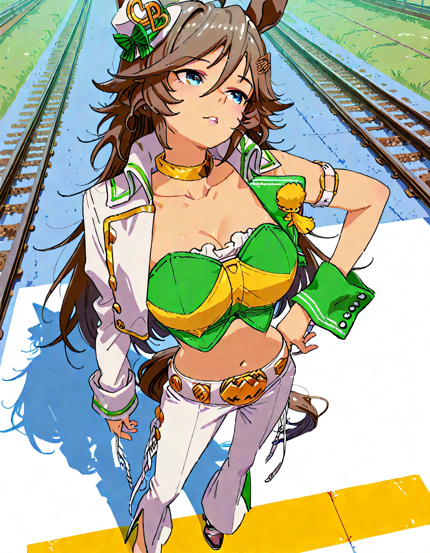 masterpiece masterpiece, ultra-HD, impressionism, high detail, best quality, very aesthetic, 8k, best quality, beautiful, anime coloring , mr. c.b. (umamusume), blue eyes , big , strapless shirt, white tight pants , high-waisted and flared pants , midriff, single sleeve, navel, white jacket, long sleeves, green shirt, collarbone, , yellow choker, parted lips, open jacket, crop top, parted lips, wrist cuffs, high heels, arm belt , long legs , hand on hip , standing , full body , railway background , from above , foreshortening, perspective