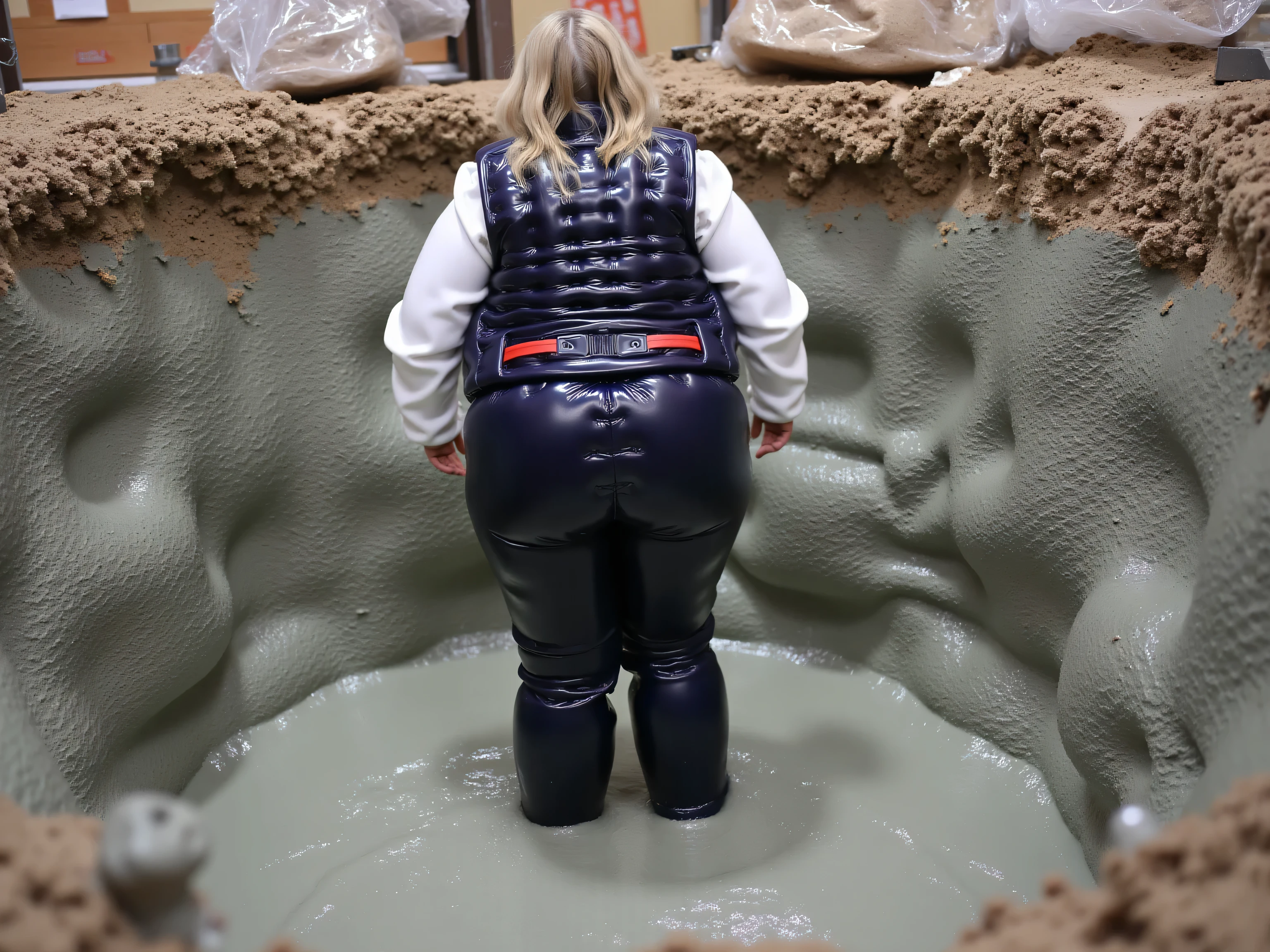 A 40 year old 300 pound woman wearing a white uniform shirt and black uniform pants wearing a red leather belt wearing a black shiny vinyl bulletproof vest partially submerged in extremely thick sticky cement on a construction site in a pit that is beneath the surface of the earth viewed from the point of midsection in the hole of a large construction site 