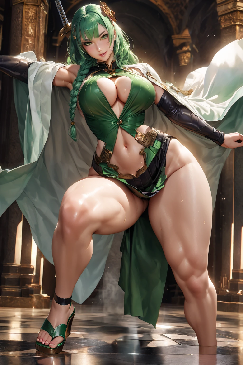 (masterpiece, 4K ,Super detailed:1.2), Dynamic posture, Strong women, Green Hair, Full body side view, View Viewer, Pure white background