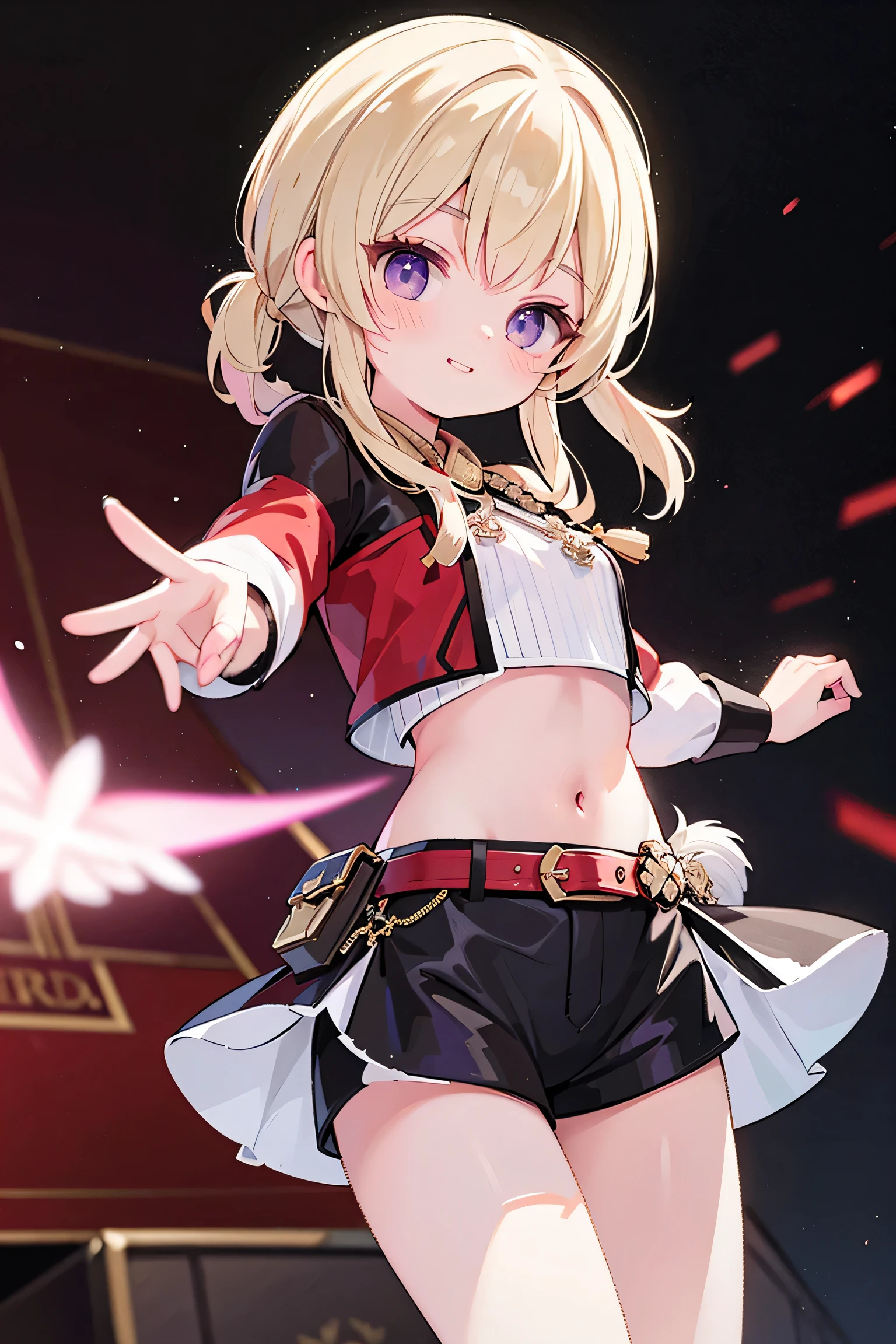 best quality ，Ultradetailliert ， nice face ， Meisterwerk、 Meisterwerk, erstklassig, 
Meisterwerk, best quality, amazing quality, (genauer Stil), (detailed face), Genaues Gesicht, Treffende Augen, genaue Farben, detaillierte Augen, Rumi kpop, only 1 very long purple braided braid,Pony, braune Augen,  1 girl, Allein, 3d, solid color yellow cropped jacket, schwarze Shorts, Bauch, red belt, white crop top, Stiefel, has golf clubs in the right hand,spielt Golf, very dynamic pose, very dramatic perspective, Cowboy-Schuss, Hellblaues Crop-Top, on stage,View viewers directly, very sweet smiling,looks directly at the viewer, happy smile, Elegant,  very thin legs, dark background narrow  , schmale Beine, , extremely detailed,  best quality ，Ultradetailliert ， nice face、 Meisterwerk, erstklassig, 1 girl in, best quality , 1 girl dark background