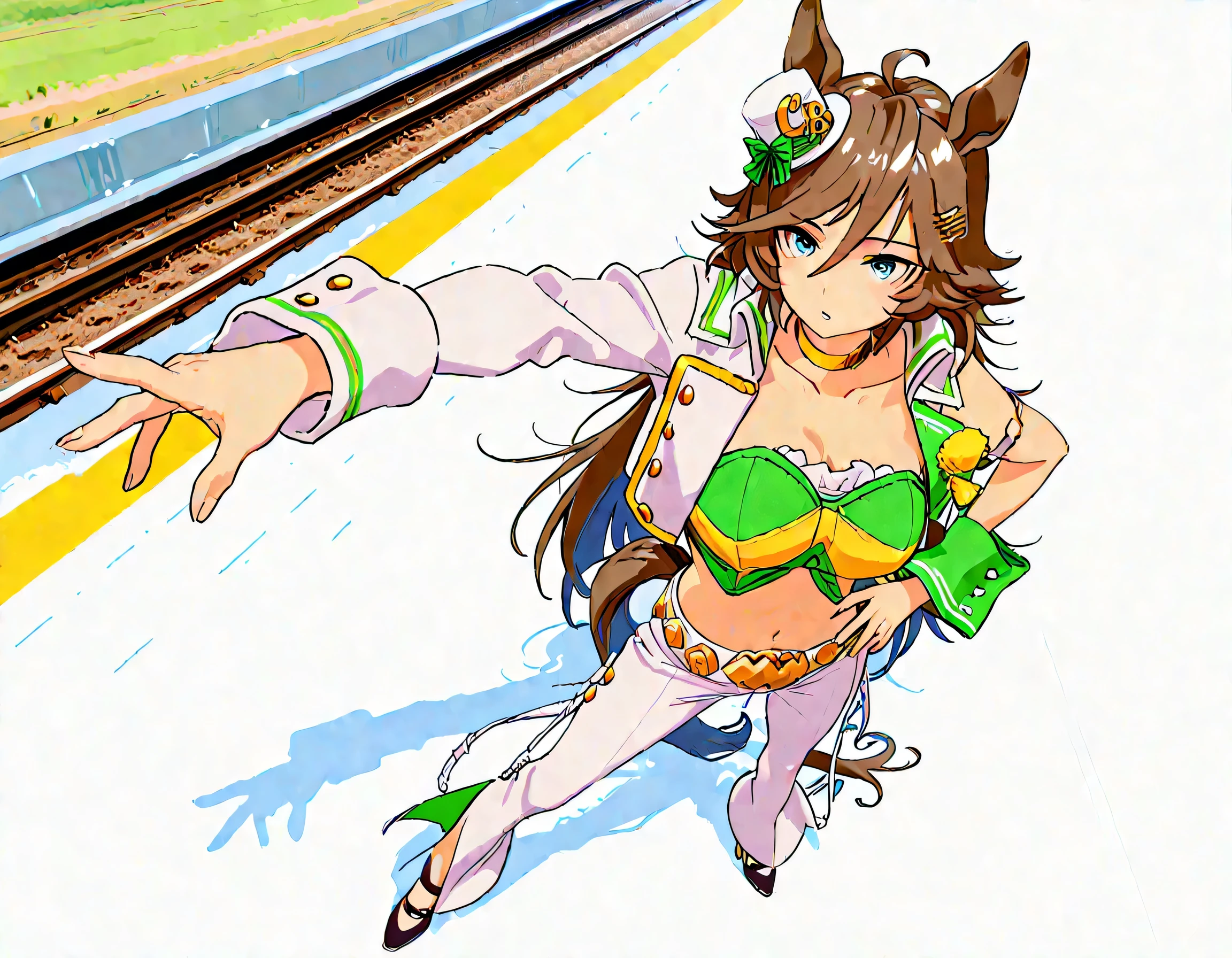 masterpiece masterpiece, ultra-HD, impressionism, high detail, best quality, very aesthetic, 8k, best quality, beautiful, anime coloring , mr. c.b. (umamusume), blue eyes , big , strapless shirt, white tight pants , high-waisted and flared pants , midriff, single sleeve, navel, white jacket, long sleeves, green shirt, collarbone, , yellow choker, dot mouth , open jacket, crop top, parted lips, wrist cuffs, high heels, arm belt , long legs , hand on hip , stance , full body , railway background , from above , foreshortening, perspective