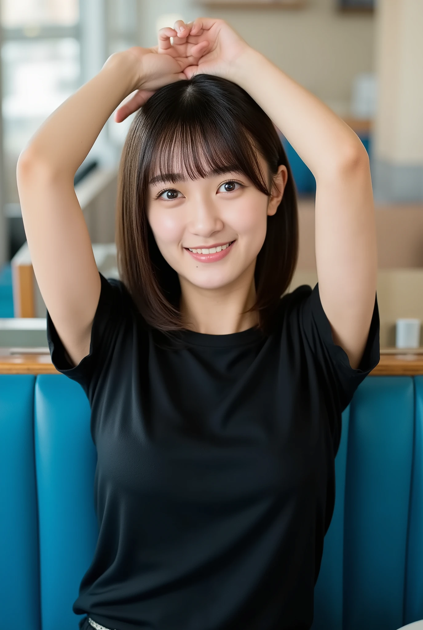 A young Asian woman with shoulder-length brown hair, sitting relaxed on a blue cushioned booth seat in a diner-like setting. She's wearing a simple black short-sleeved t-shirt that clings to her figure. Her pose is casual and playful: both arms raised above her head, with her right hand resting on the back of her head and her left arm bent similarly, elbows pointing outward. She's leaning slightly back against the booth, looking directly at the camera with a subtle, coy smile. Soft lighting, realistic style, high detail.ぴちぴちのTシャツ、おっぱいは大きいから強調されてる、きれいな肩出てる、谷間見える
