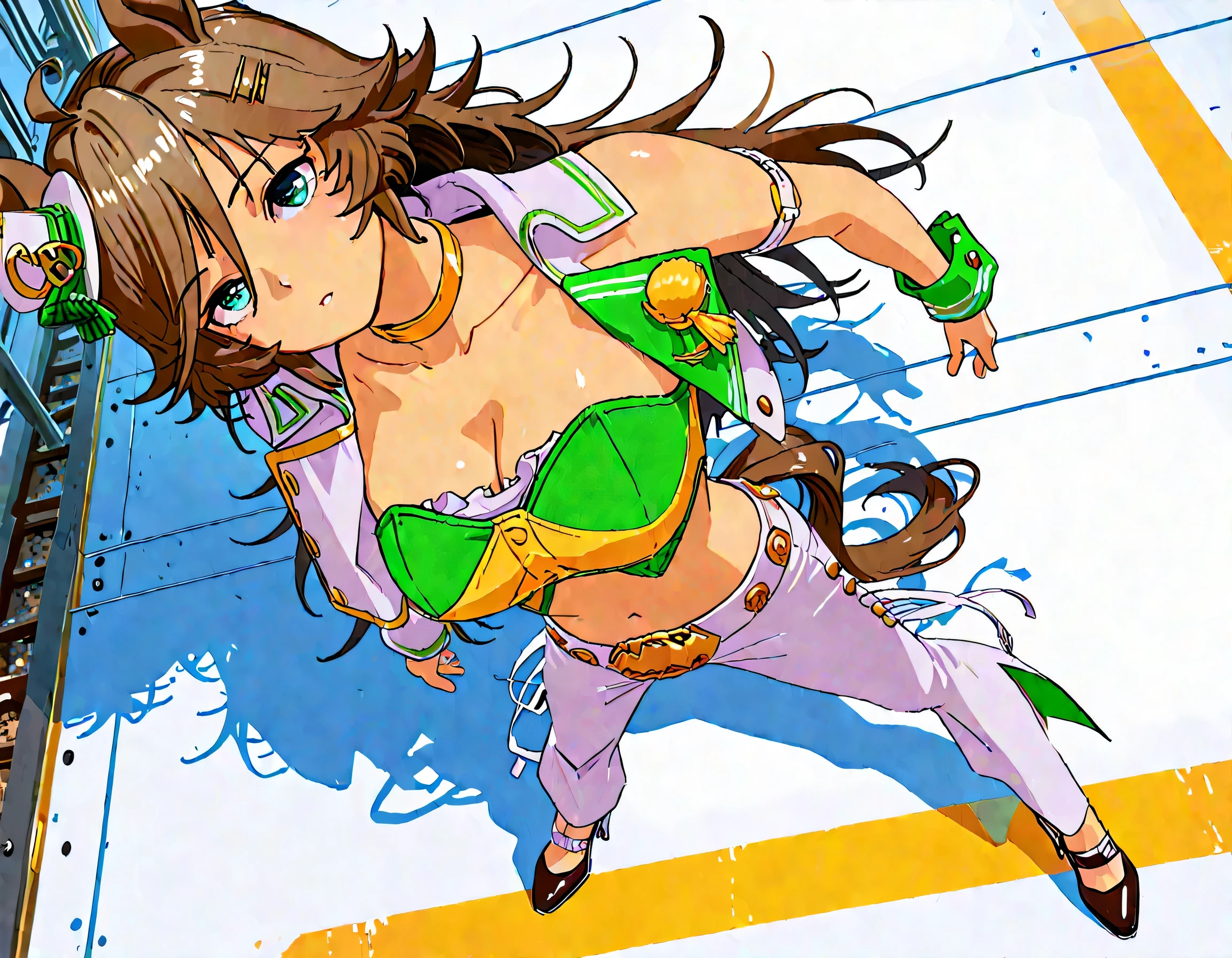 masterpiece masterpiece, ultra-HD, impressionism, high detail, best quality, very aesthetic, 8k, best quality, beautiful, anime coloring , mr. c.b. (umamusume), blue eyes , big , strapless shirt, white tight pants , high-waisted and flared pants , midriff, single sleeve, navel, white jacket, long sleeves, green shirt, collarbone, , yellow choker, dot mouth , open jacket, crop top, parted lips, wrist cuffs, high heels, arm belt , long legs , do the splits , standing , full body , railway background , from above , foreshortening, perspective