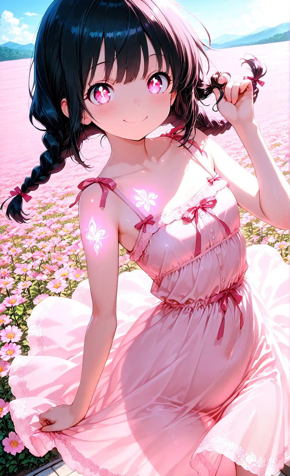 小さなgirl、Glasses、petal、thick thighs、big ass、 (alone:1.5,)Super detailed,bright colors, very beautiful detailed anime face and eyes, look straight, shiny_skin,girl,(((long hair、rainbow colored hair, colorful hair, Half black、half pink hair: 1.2)))  、forehead is .、shiny hair, delicate beautiful face, blush、(turquoise eyes), White skin, Valletta, earrings,、blue flower field、(((See-through、Pink ruffled dress with grape pattern、purple )))、twin tails、smile、smile、Face dyed red