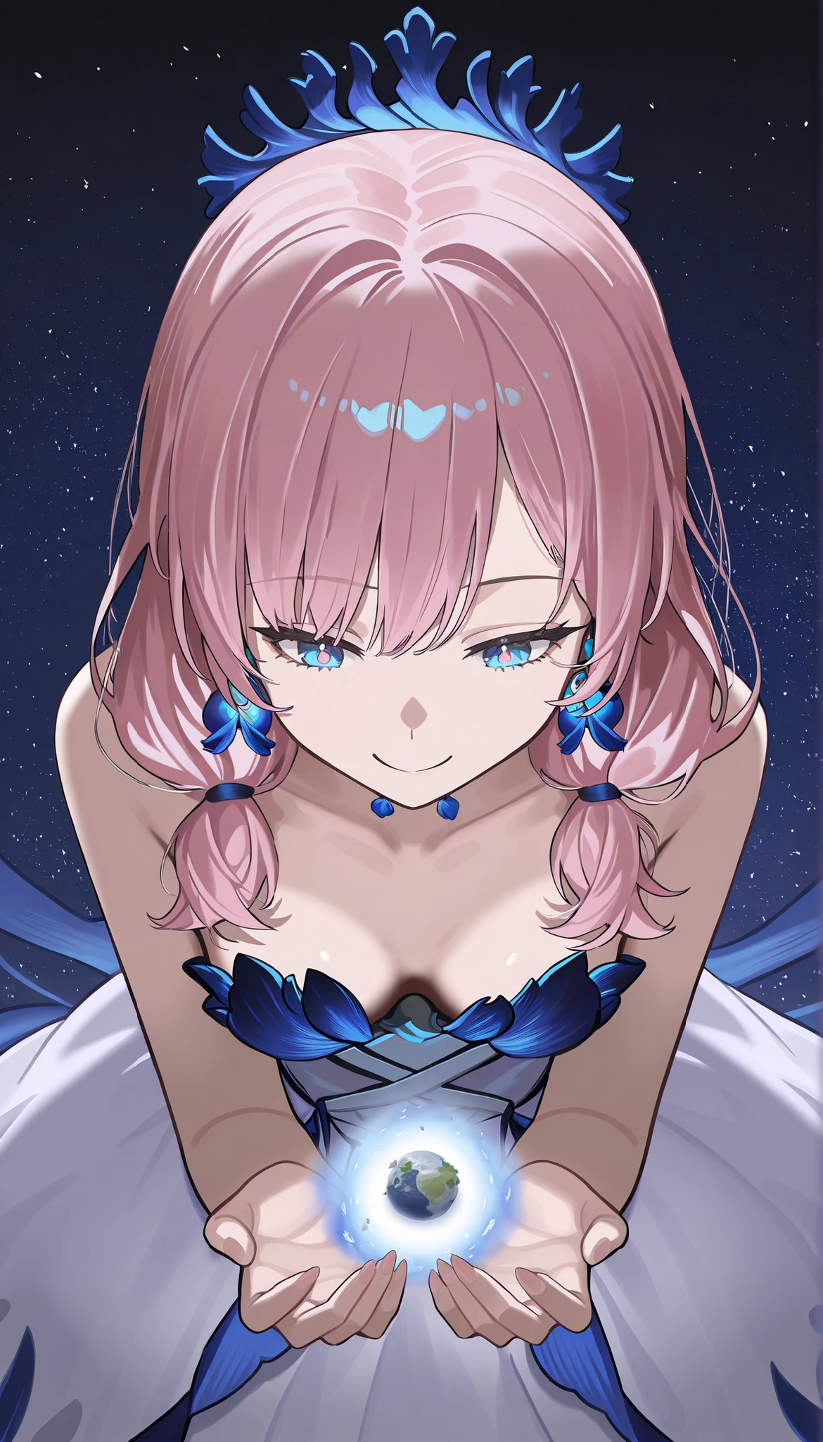 A woman eating the earth, eat, 1girl, solo, facefocus, blue_poison_\(nocturne_of_elysia\), blue eyes, pink hair, low twintails, blue crown, earrings, hair ornament, 1girl, (face down), Woman holding the earth with her hand and gnawing, Holding the Earth with one hand, A woman who bites the earth, absurdres, detailed face, detailed hands, small claws, score_9_up, score_8_up, score_7_up, giantess, Dressed Woman, A woman bigger than the planet, A woman bigger than the universe, destroyed earth, smile, Space Background, The giant girl is in space, giga giantess, Upper Body, Mouth open, right hand, The Earth Is Broken, (Small Earth:1.6), , Smile, I'm putting the palm of my hand on my mouth, beauty, beautiful illustrations, lean forward, small breasts, highres, masterpiece