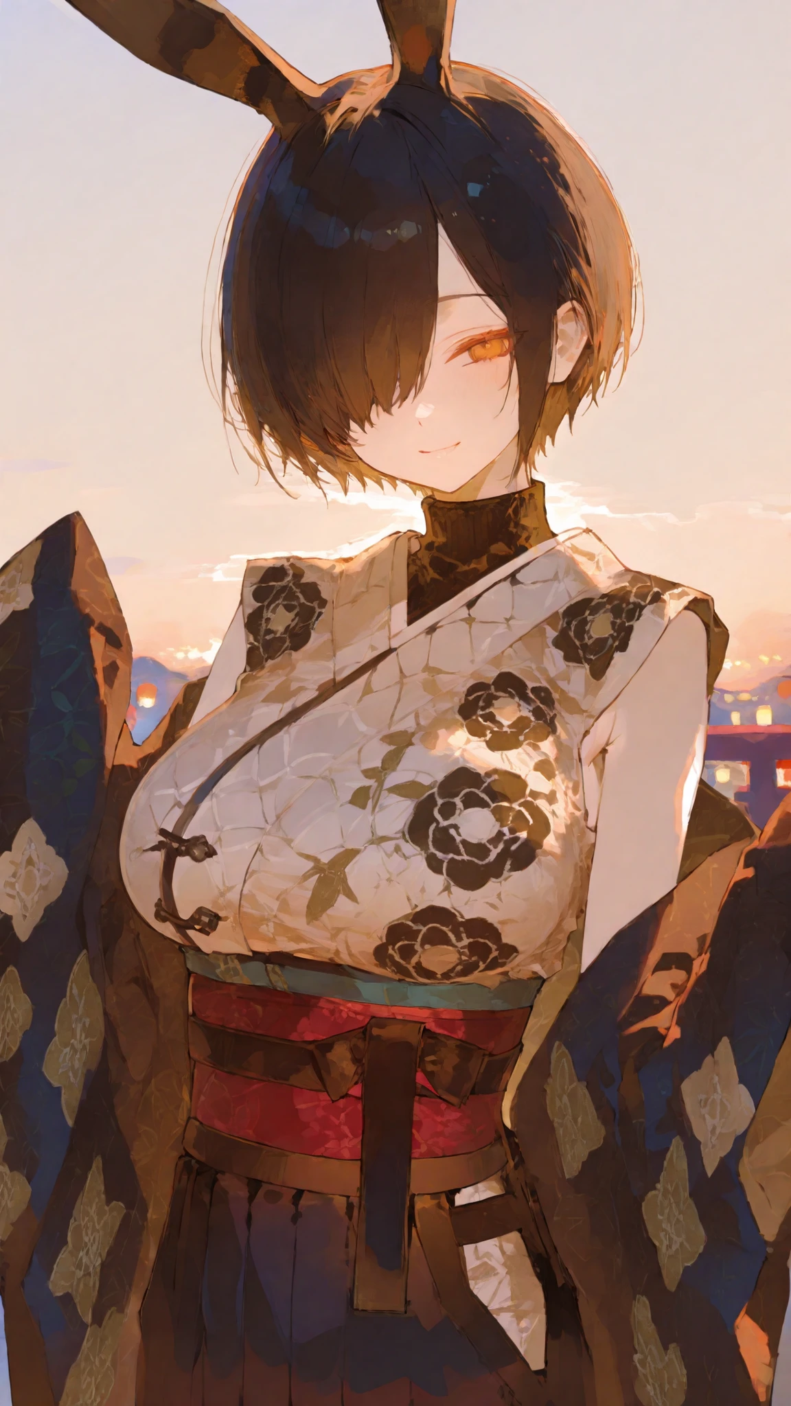 Black Bunny Ears Girl,Black-haired, orange eyes ,Big Long Ears, Big breasts,Sleeveless Black Turtleneck Kimono,Black Patterned Shawl Kimono,slim, hair over one eye,sunlight, evening,Sky Background,smile,Milf,short hair,cute,Clothing Sleeves Past Wrists Sleeves Past Fingers Moesode, Hakama,Festival,slim,