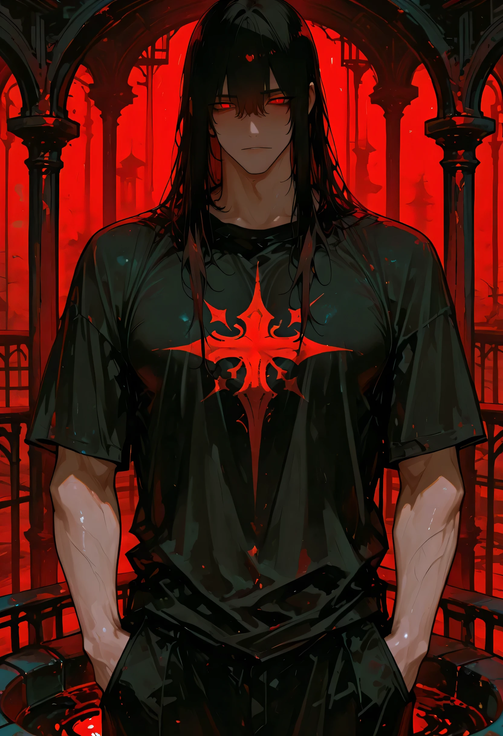 1 adult, well-proportioned face, attractive man, handsome man, bare chested, inky black pant, cool expression, long messy free-falling black hair, crimson eyes, black slit pupils, well-defined physique, light imperial background