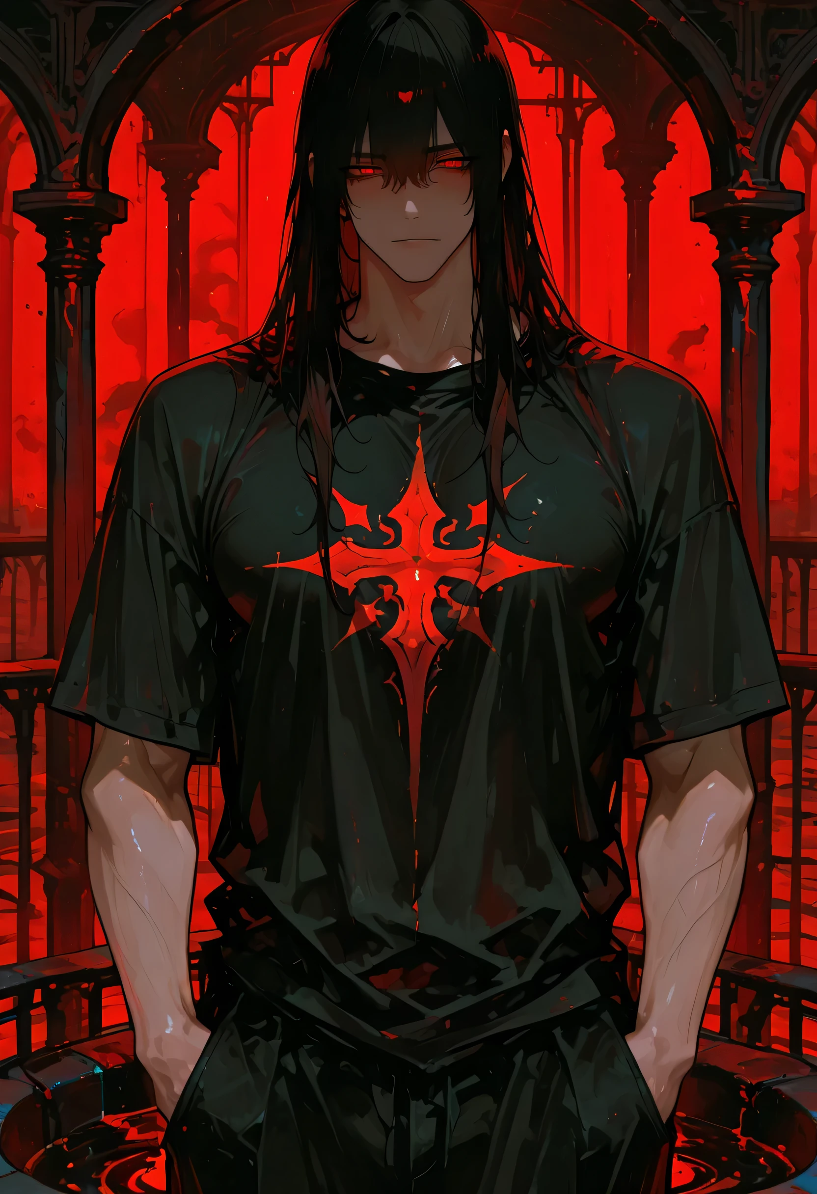 1 adult, well-proportioned face, attractive man, handsome man, bare chested, inky black pant, cool expression, long messy free-falling black hair, crimson eyes, black slit pupils, well-defined physique, light imperial background