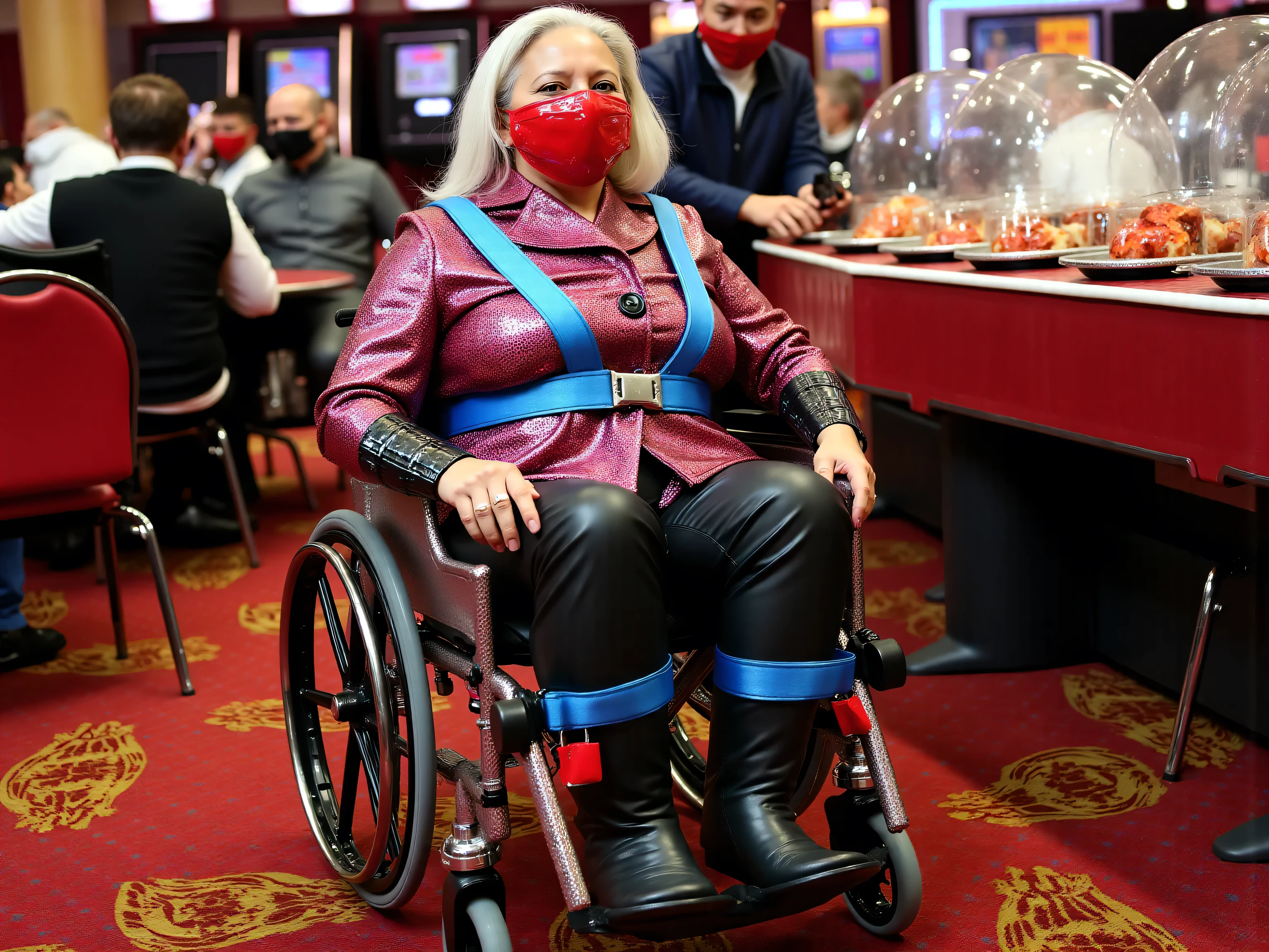 A 72 year old fat Asian woman in a wheelchair wearing a Gbth70sequin thick sequin blazer jacket and black leather pants, wearing a beautifully designed gold and pink latex wheelchair harness with blue restraint straps, the wheelchair has a shiny black hip belt with locking buckles, the woman’s ankles are restrained with red straps, the woman wears black leather boots, the woman wears a shiny red latex face mask that obscures her mouth and nose beneath semitranslucent rubber, the woman is inside of a casino buffet near a table of lobster