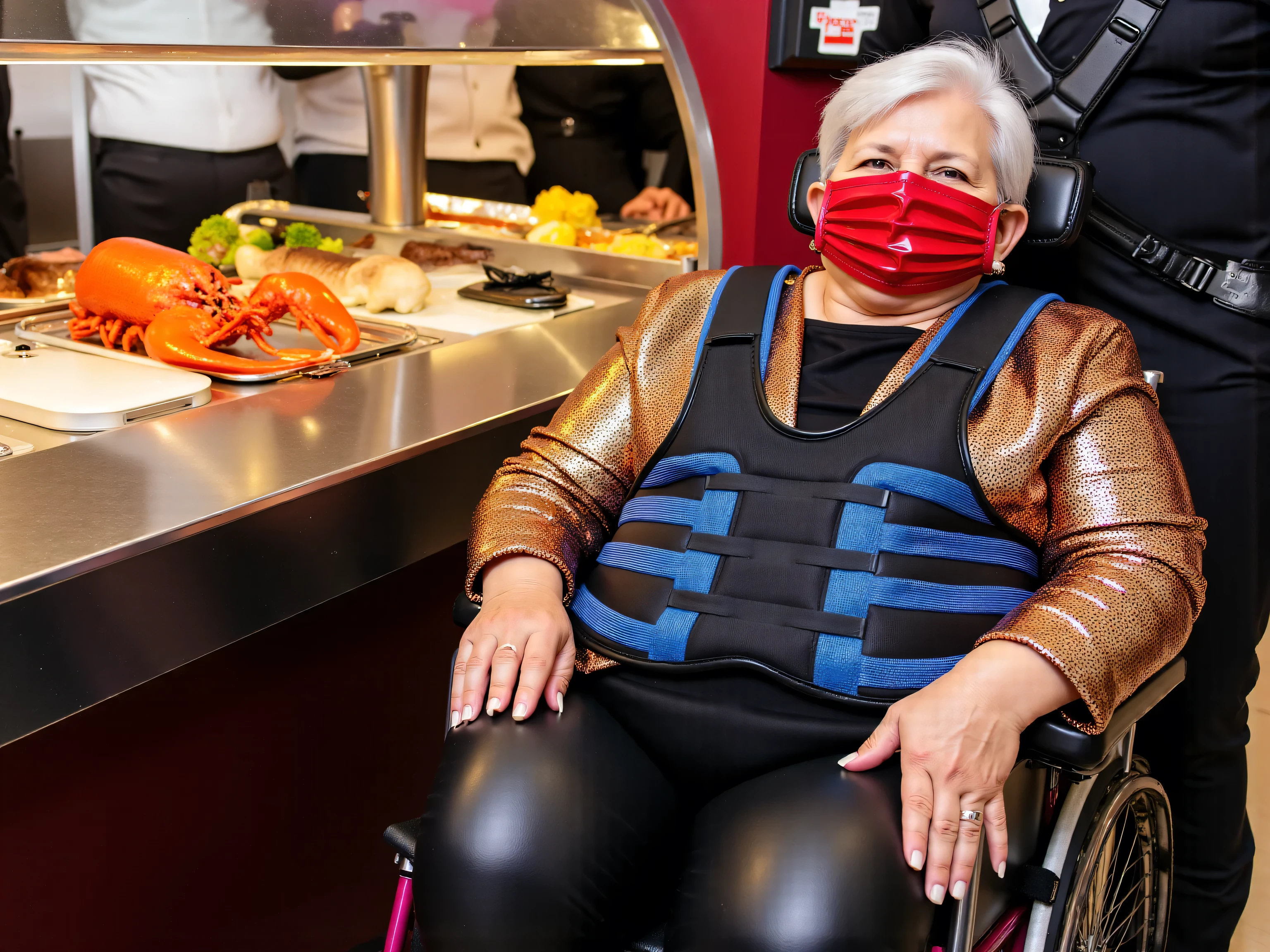 A 72 year old fat Asian woman in a wheelchair wearing a Gbth70sequin thick sequin blazer jacket and black leather pants, wearing a beautifully designed gold and pink latex wheelchair harness with blue restraint straps, the wheelchair has a shiny black hip belt with locking buckles, the woman’s ankles are restrained with red straps, the woman wears black leather boots, the woman wears a shiny red latex face mask that obscures her mouth and nose beneath semitranslucent rubber, the woman is inside of a casino buffet near a table of lobster