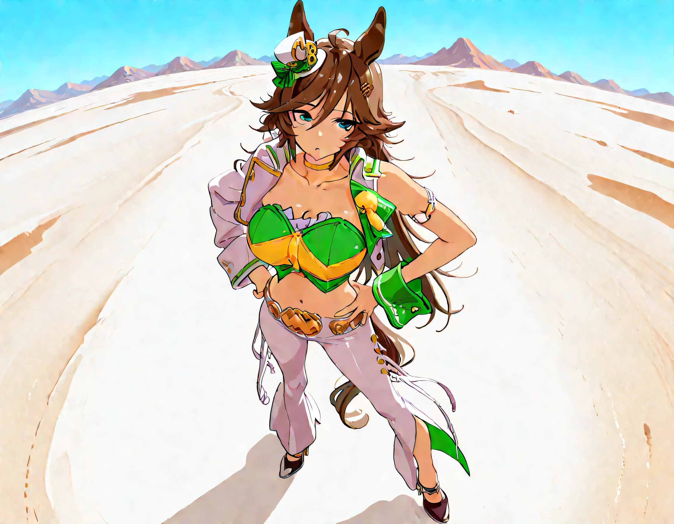 masterpiece masterpiece, ultra-HD, impressionism, high detail, best quality, very aesthetic, 8k, best quality, beautiful, anime coloring , mr. c.b. (umamusume), blue eyes , , strapless shirt, white tight pants , high-waisted and flared pants , midriff, single sleeve, navel, white jacket, long sleeves, green shirt, collarbone, , yellow choker, dot mouth , open jacket, crop top, parted lips, wrist cuffs, high heels, arm belt , long legs , hand on hip , do the splits , standing , full body , blue sky , mountain , desert background , from above , foreshortening, perspective