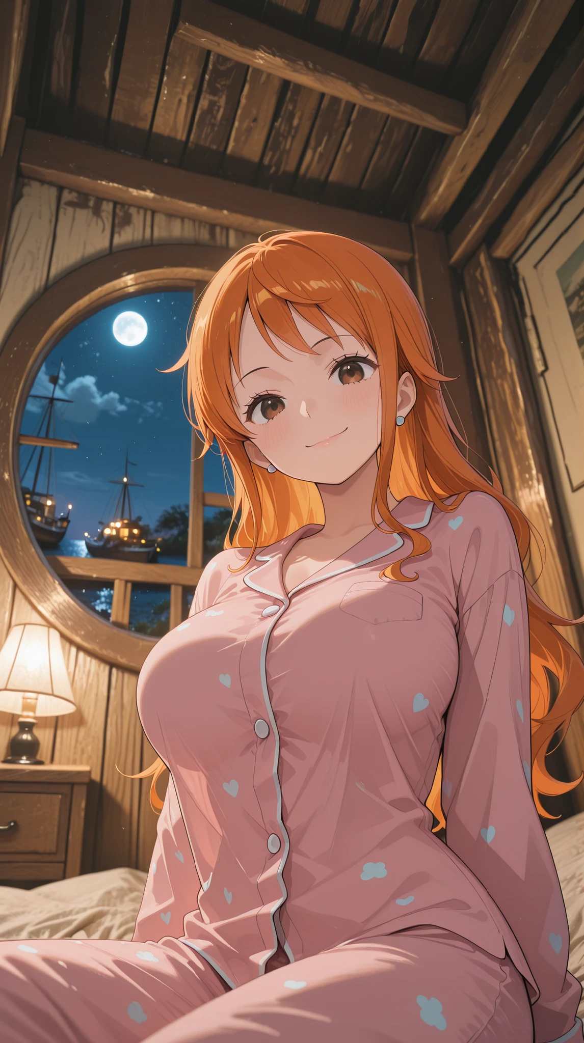 masterpiece,best quality,amazing quality,very aesthetic,absurdres,newest, real background, photo background, 1girl, nami\(one piece\), orange hair, hazel eyes, detailed cloths, detailed eyes, pajamas, ship bedroom, wood interior, round window, night view outside thee window, big breasts, sitting, looking at viewer, slightly from below, upper body, shy smile