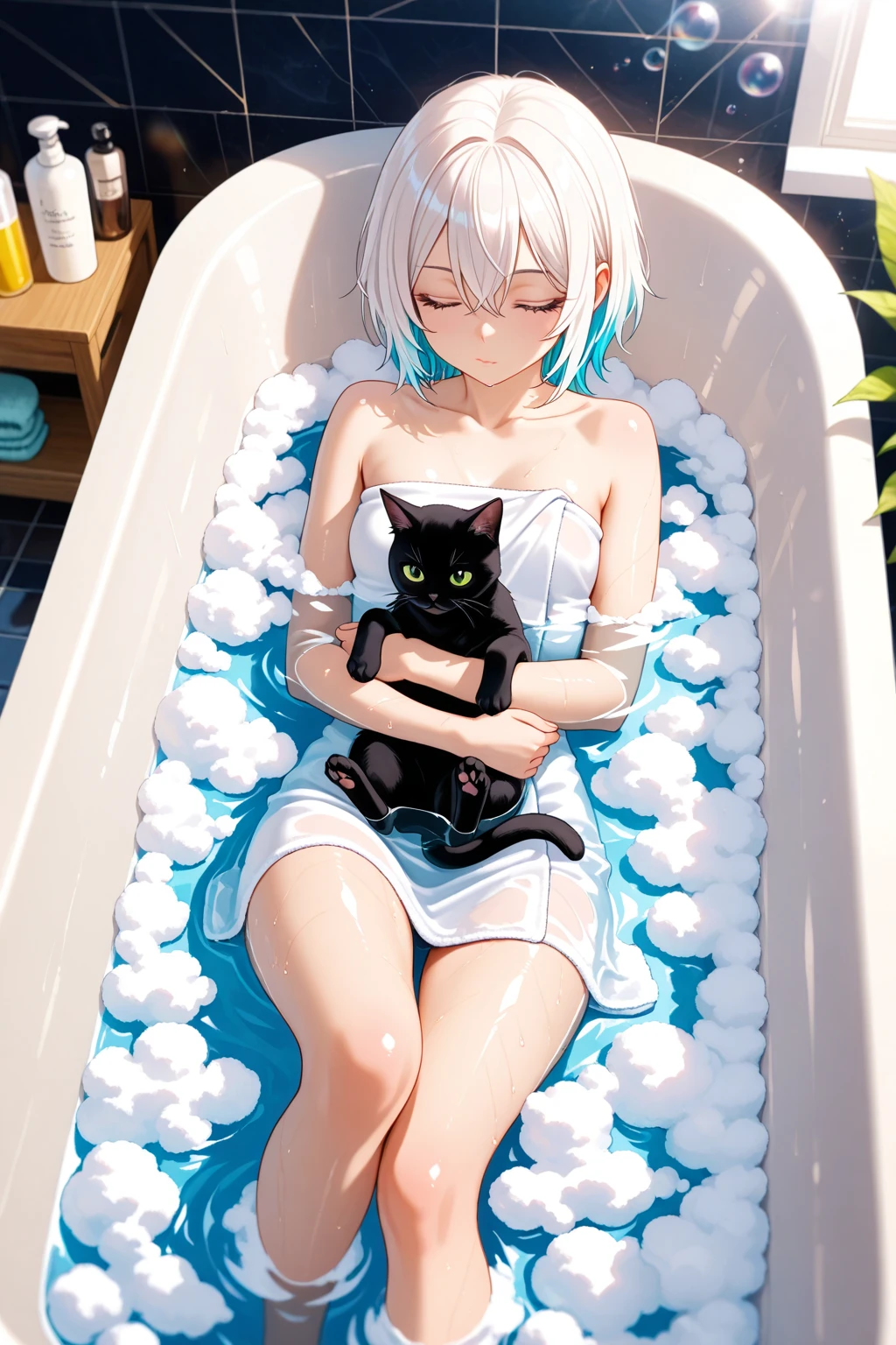 (((best quality)), ((masterpiece)), (details), masterpiece, best quality, high quality, ulutra detailed, perfect face, ((1girl, Blue eyes, cat ears: 1.3 silver bob hair: 2.5,)) 、Shiny Hair、Glowing Skin、blush、 look、night、Wrap a towel around your body、Skin gets wet、valley、I can see  feet、Victoria Bathtub、Floating duck doll、A lot of bubbles on the head、Bath time、Steam Effect、Soaking in the bathtub、Get into the bathtub、Bathroom Background、night、