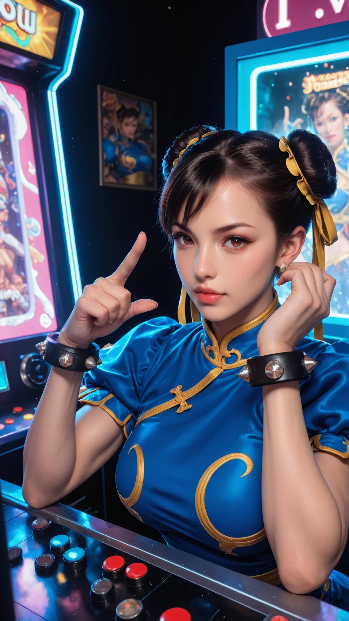 SFW, Chun-li from street fighter comes out of the arcadegame-cabinet and pointing you, i want you, for challenge you, many arcade game.