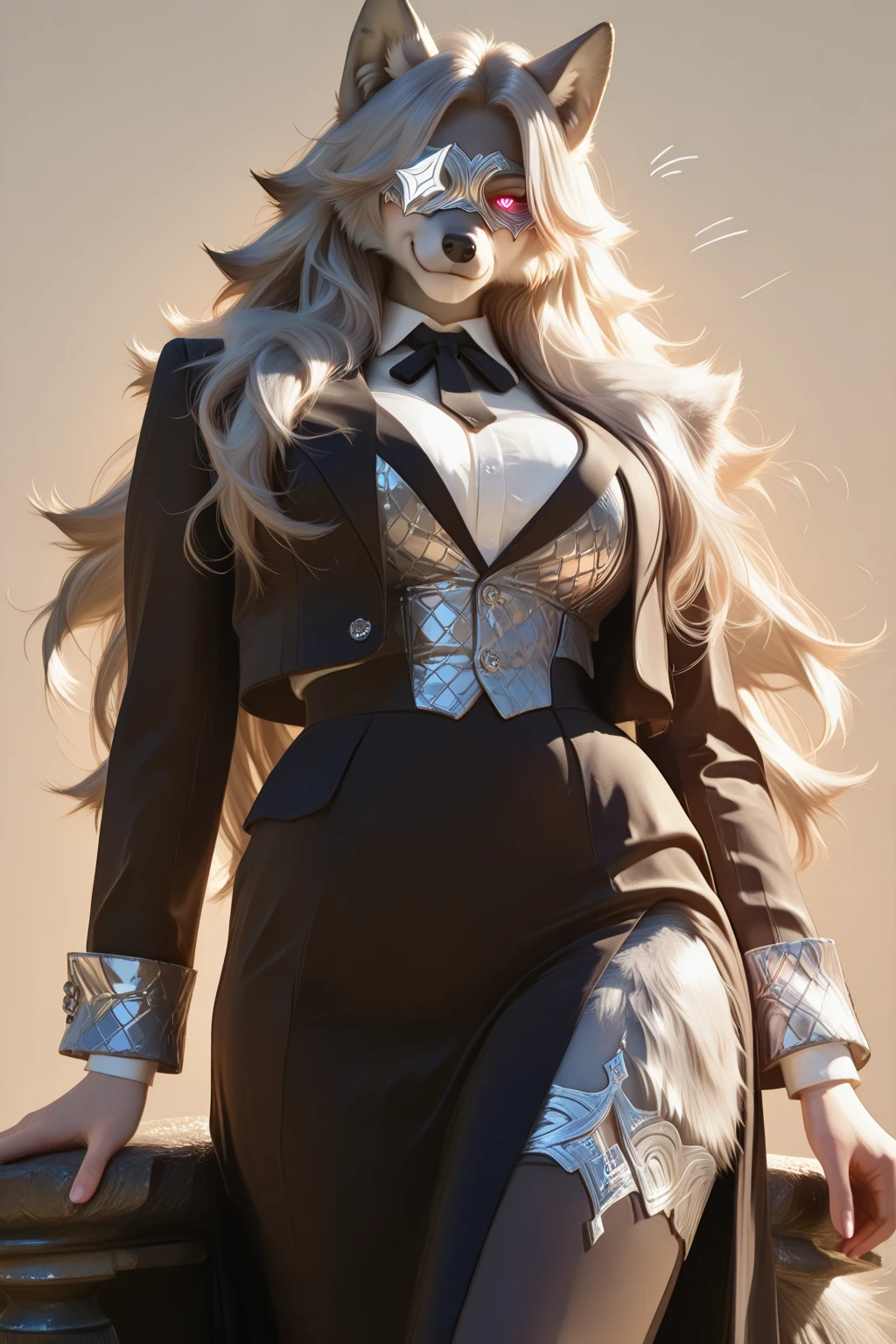 best quality, masterpiece, 3D anime, (((solo))), (((1girl))),  ((Face is JudyHopps)), (long ears like a rabbit:0.8), Heir is beige bobheir style, Body is human lady,  suit, (two-piece suit:0.5), office business suit stlye, (the suit is made of wool:1.4), suit color is {gray stripe, red, yellow, green, white, black}, ((skin is silver with fluffy and fluffy)), (high-angle view), sideways glance, In the background there is a secret room, ((She is folding her arms, blushing in the cheeks)), (((She is staring downward, appearing downcast, She is gazing downward with a downcast expression)))