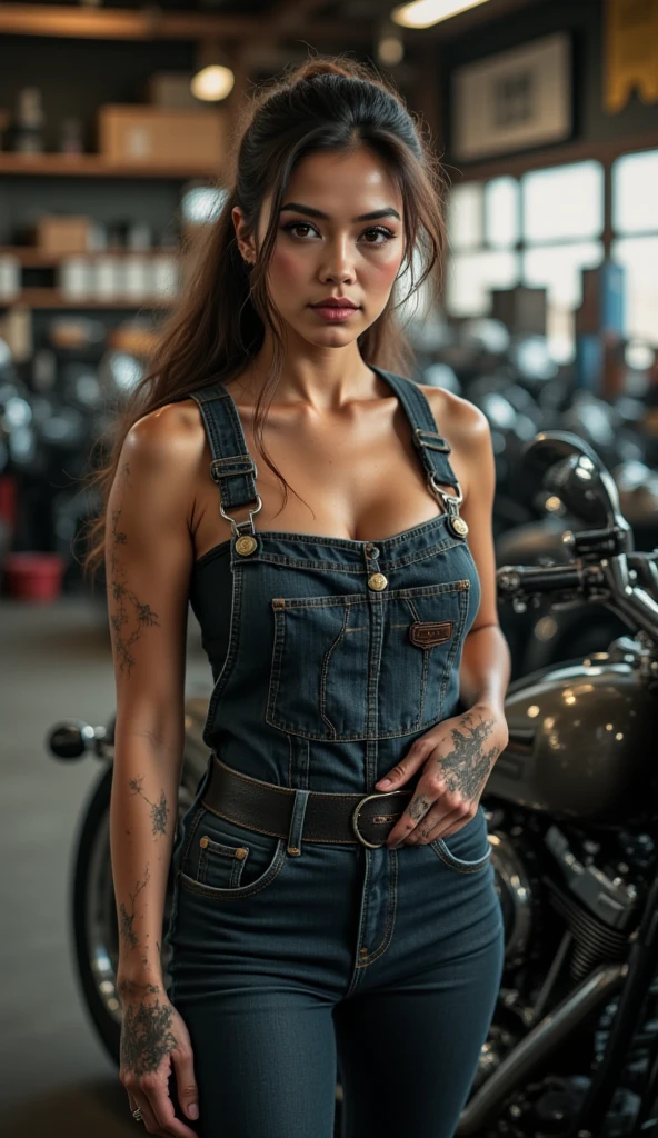 ((best quality)), ((masterpiece)), (detailed), mesmerizing and alluring female mechanic covered in grease,Confident smile，Look into the camera，(Dirty and rugged body:1.2), (tough and confident demeanor:1.1), (mechanical expertise:1.3), ponytail hair, smudged face with a playful smirk, (zippered workpack coveralls:1.3) loose from her  body,   and abs, cluttered repair shop, scattered car parts, (authentic automotive ambiance:1.2), (inocent gaze:1.1), gripping a wrench in her dirty hands, 8k resolution,looking at another, looking away,(irezumi tattoo:1.2), masterpiece, best quality,Photorealistic, ultra-high resolution, photographic light