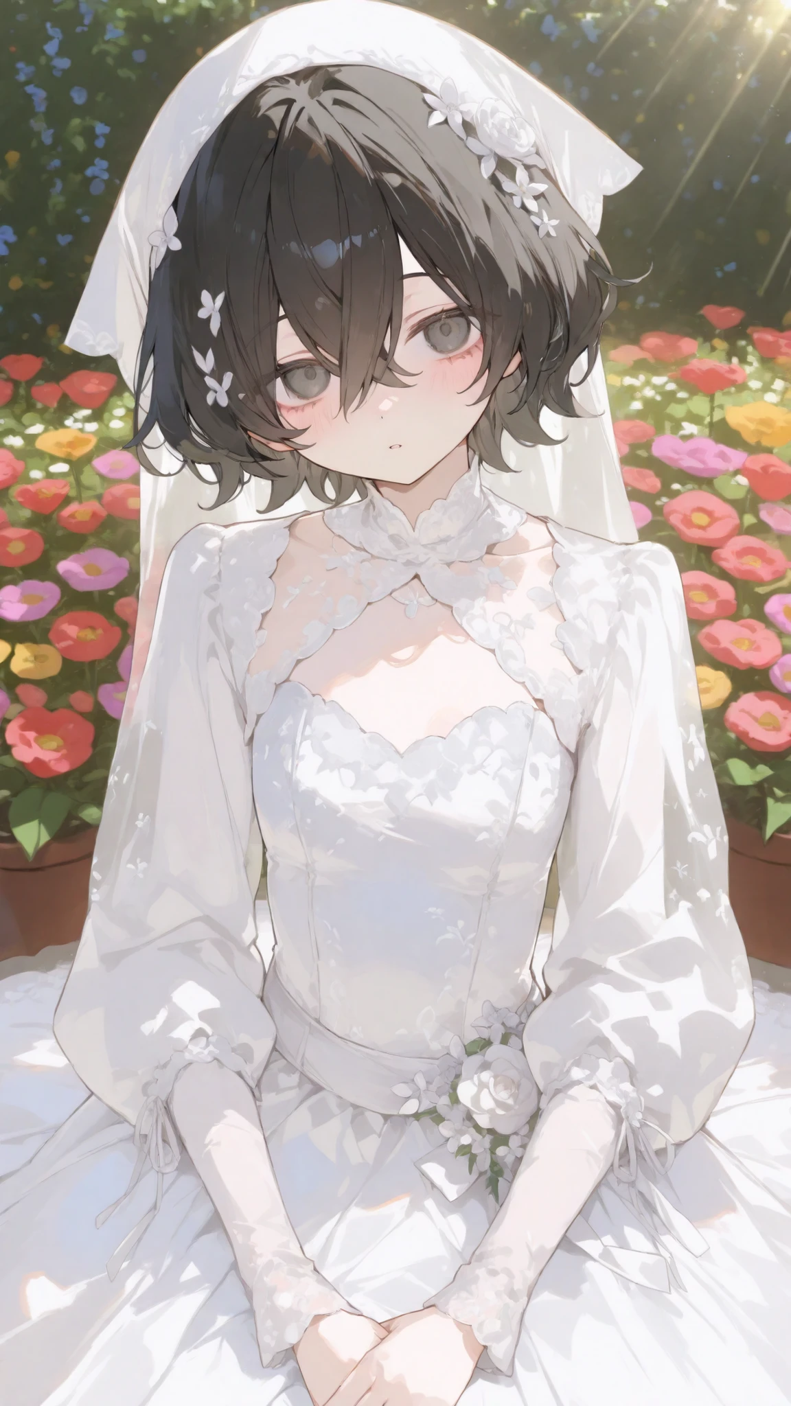 Blind Girl,slim,sunlight,looking at view,White Lace Long Sleeve Wedding Dress,Long Headscarf,milf,flower hair ornament,In the flower garden,