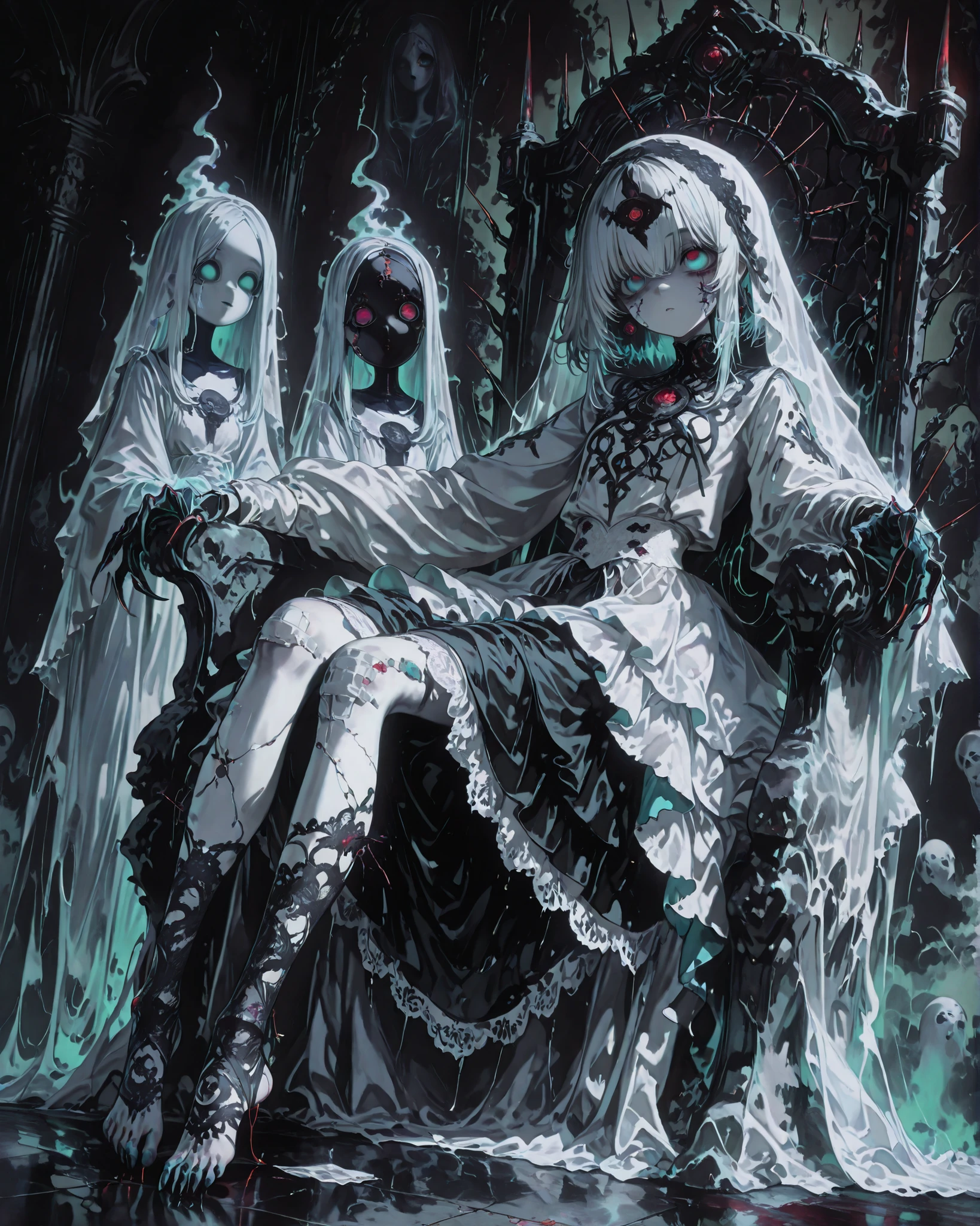 Frontal angle, full body, (masterpiece, 4K, ultra-detailed, vivid and vibrant colors), {a girl}: (small, ghostly figure the size of a child, apparently 6 to 8 years old, with a frightening porcelain doll face, wearing a delicate yet disturbing funereal veil and a torn, layered dress made of faded lace and gauze, floating slightly above the ground with an ethereal presence, small, sharp hands, floating sewing needles orbiting them, long sleeves dragging on the floor like dark threads, empty eye sockets or subtle enameled eyes behind the mask, ghostly pale skin cracked like porcelain, seated on a throne with both feet on the throne), distorted background like a nightmare, dim lighting