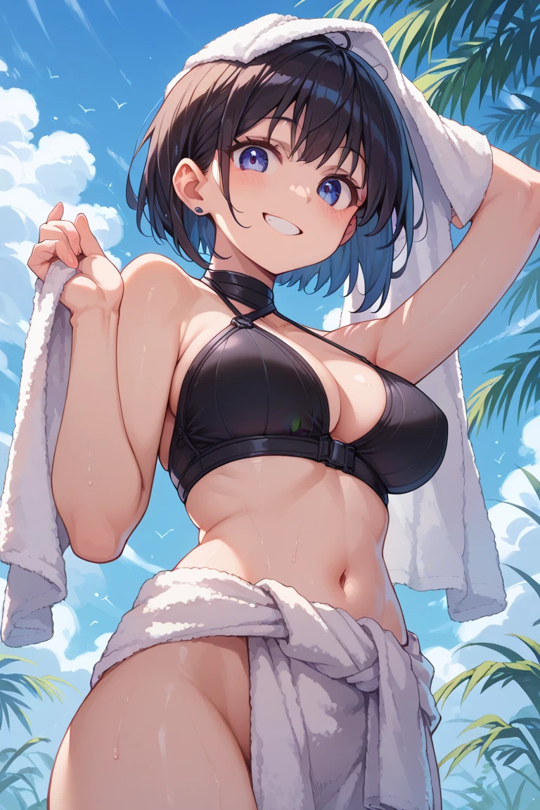 The image is、Depicts a beautiful 45 year old MILF woman。she、Wearing a black metallic bikini、Sitting on bed。Her legs are open、Four fingers making a double peace sign。Her face is、Illustrated with perfect anatomical features and beautifully detailed eyes。Red eyes、The face is framed by short black hair。Her skin is、With shiny, sweaty skin、It is drawn with extremely fine detail.。she、Best quality、Smiling with a photorealistic smile。Background、In the black room、It creates a dark atmosphere。Overall、The image is非常に詳細で、beautifully、Best qualityCGです。