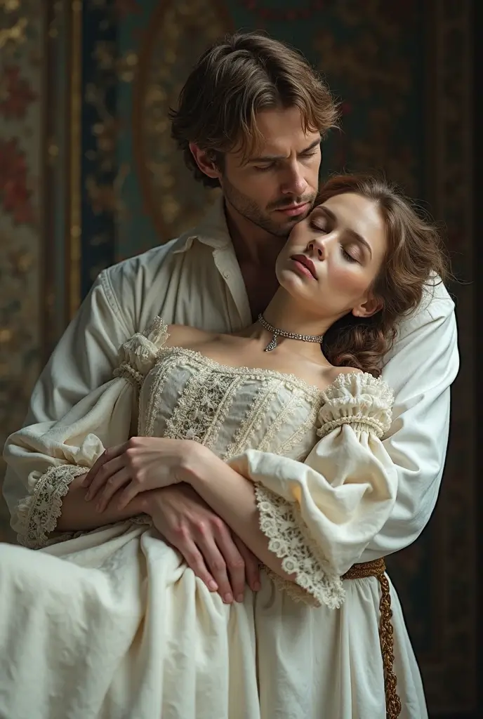 A beautiful English woman with brown hair and blue eyes lies on the  chest of a powerful, strong and mysterious man with brown hair and green eyes. They are wrapped in sheets, in a cozy and gothic environment, in bed and in love. The room is Victorian, lit by candles, in a dark and sensual atmosphere.