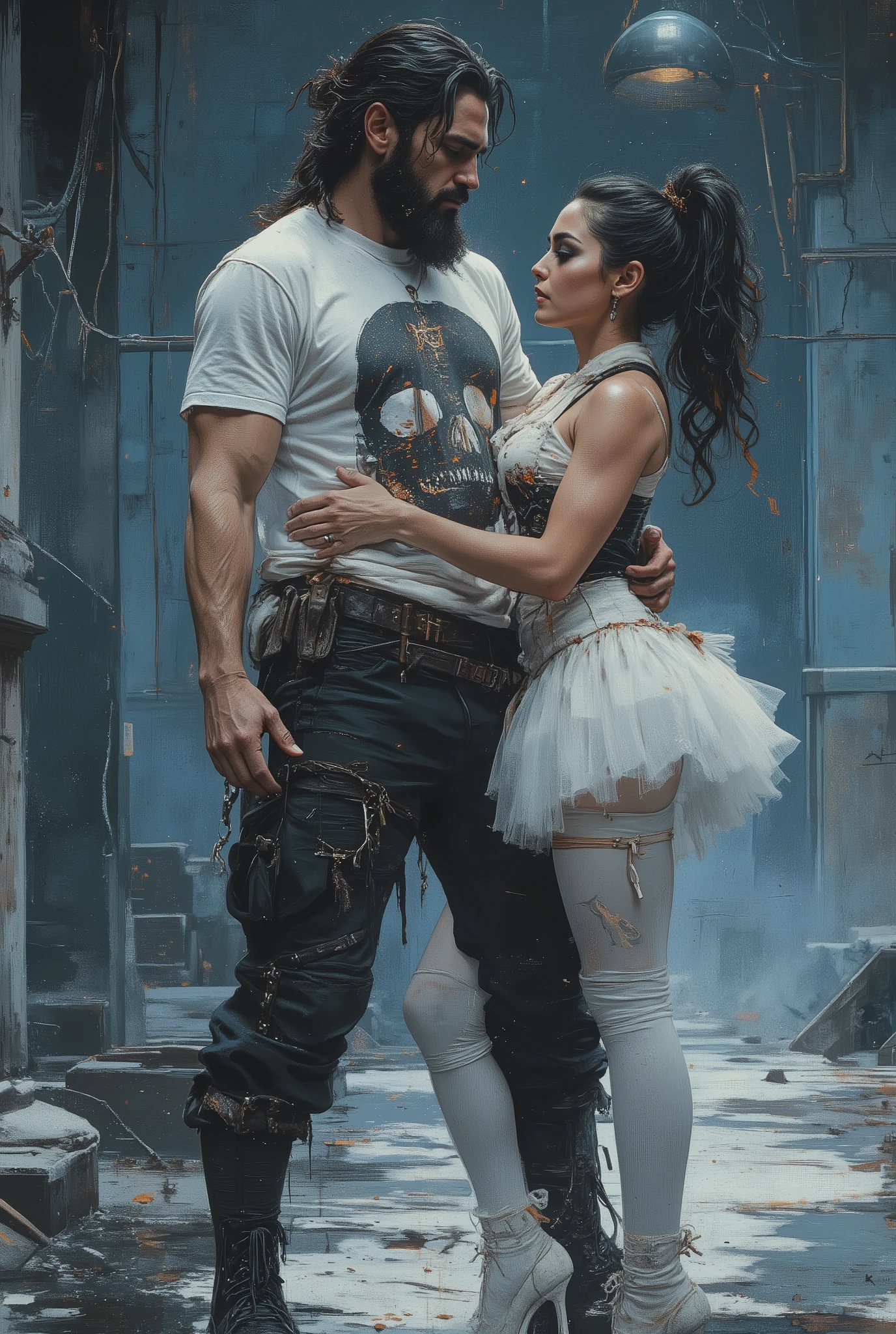 The king passionately hugs his queen. The digital illustration shows a muscular male king with long, loose black hair combed back and decorated with orange strands. He has a full beard. He is wearing a white T-shirt with a graphic design of a black skull, black trousers with lots of straps and buckles, and black high-top boots.In the king's arms is his queen. She's wearing a white tutu white pantyhose and white platform heels. She is wellshaped, perfect body woman, smaller than man. She stands on her fingertips, holding onto the king's shoulder. She has stage makeup and a artistic hairstyle with two ponnytails. The background is a mix of abstract and urban elements, with a cool color palette dominated by shades of blue and gray. The overall style of the game is very detailed and dynamic, with an emphasis on strong and confident character behavior. Surreal digital graphics.