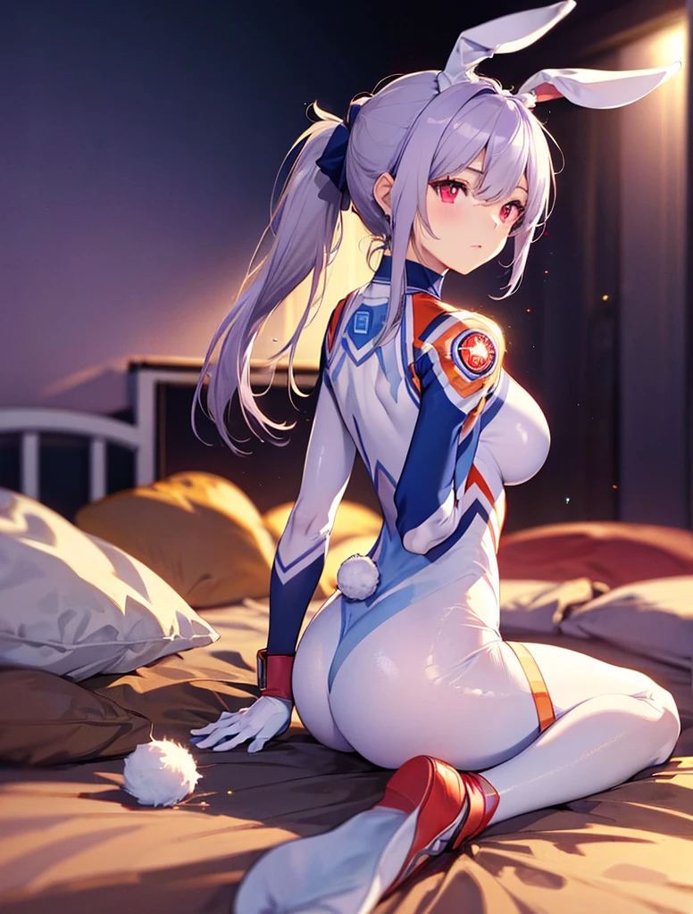 highest quality,sleep on your back in bed，Crab ??????，show me your boots，Leotard sneak peek，glove，elegant, 1 girl, ultraman ???????? ，cute, blushed, looking at the viewer, from below, prison，blue eyes, beautiful eyes, beautiful background, particles of light, Light of the sun, dramatic lighting, outside, shiny, realistic, table top, highest quality, Super detailed, get used to it, scenery, beautiful and detailed eyes, thin hair，full body shot，