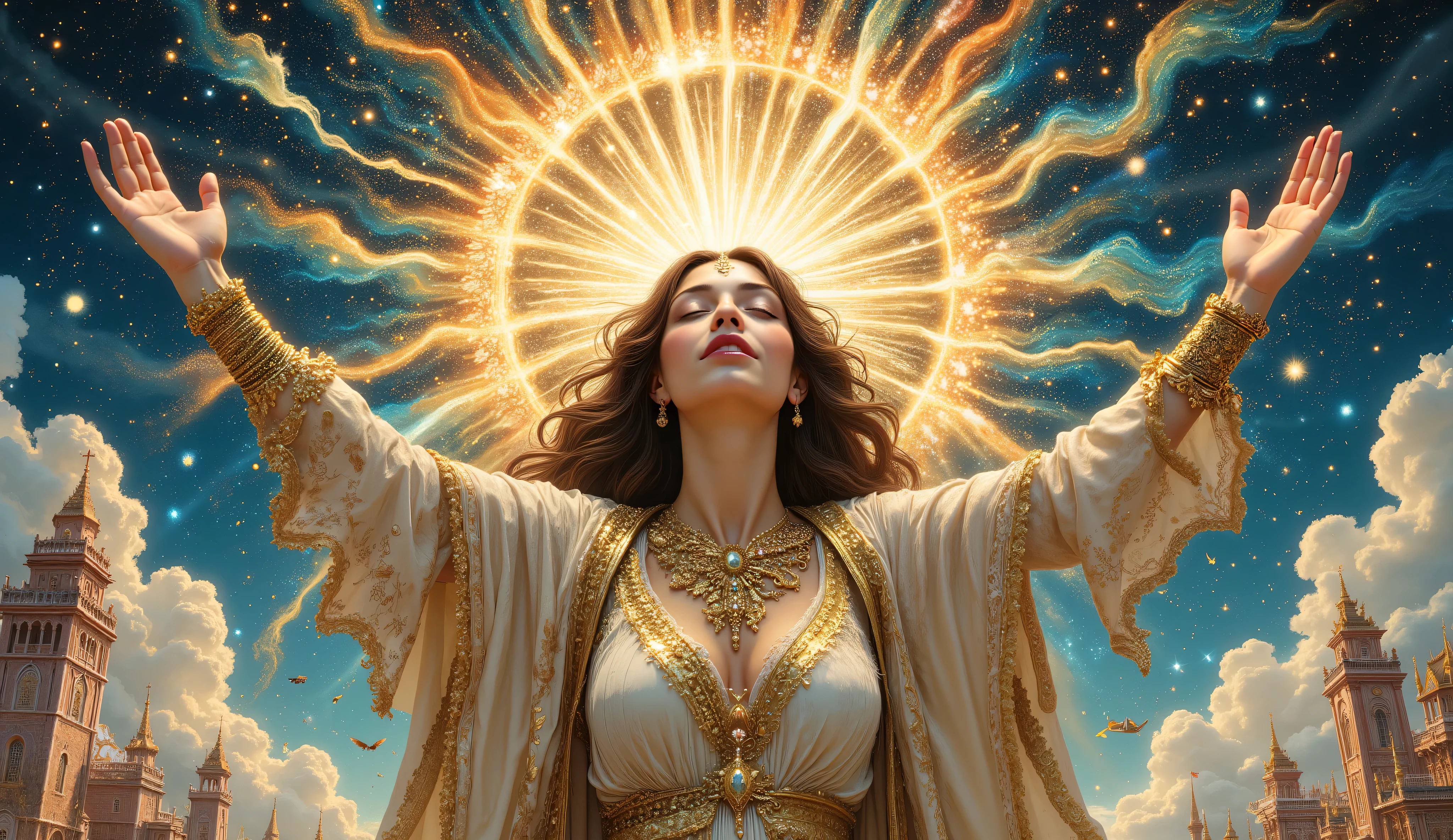 dreamlike art style, surreal fantasy, detailed, intricate, fine strokes, color palette: Han blue, pearl acqua, Buff, Fawn, Light Coral, gold leaf details, with patterns, A woman with her hands and arms raised, thanking the heavens, her expression is one of happiness, around her a city