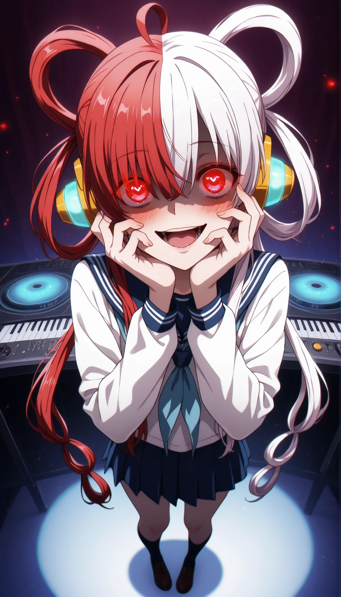 <lora:uta-000076:1> ,multicolored hair,two-tone hair,white hair,split-color hair,hair rings,long hair, hair over one eye, ahoge, shirt, long sleeves, school uniform, white shirt, pleated skirt, serafuku, sailor collar, blue skirt, neckerchief, blue sailor collar, blue neckerchief, yandere trance, yandere, hands on own cheeks, hands on own face, crazy eyes, crazy smile, crazy, heart-shaped pupils, glowing eyes, symbol-shaped pupils, hand on own face, open mouth, glowing, blush, looking at viewer, DJ headphones, Standing in front of the DJ equipment Full body shot, The spotlight shines on