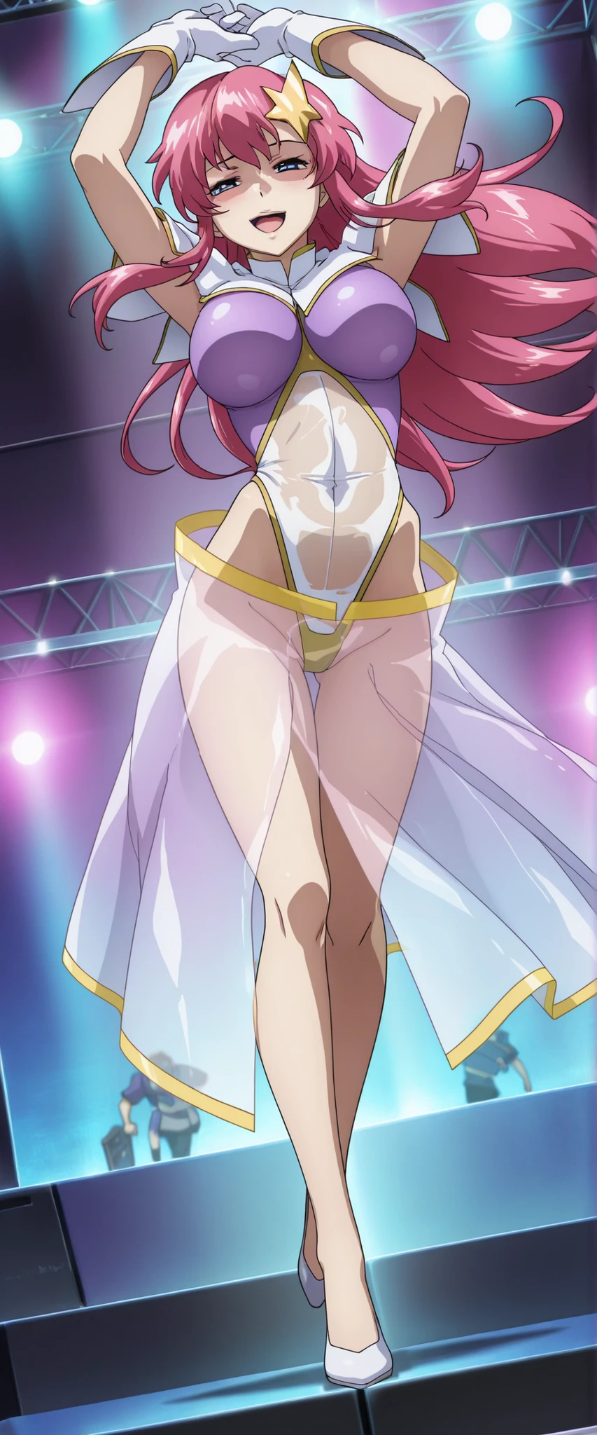 score_9, score_8_up, score_7_up,anime_screenshot,OFFICIAL ART,anime coloring, official anime artwork, screencap, anime screencap,uncensored,BREAK ,1girl,solo,mm,mature female,pink hair,long hair,star hair ornament,blue eyes,large breasts,BREAK,
(purple see-through leotard,white see-through leotard,see-through skirt,highleg,thong),gloves,BREAK,(dynamic action,dance), open mouth,BREAK,smile,seductive smile,embarrassed,in heat,aroused,public indecency,BREAK,stage lights, stage, (dynamic angle:1.5),full body,looking viewer