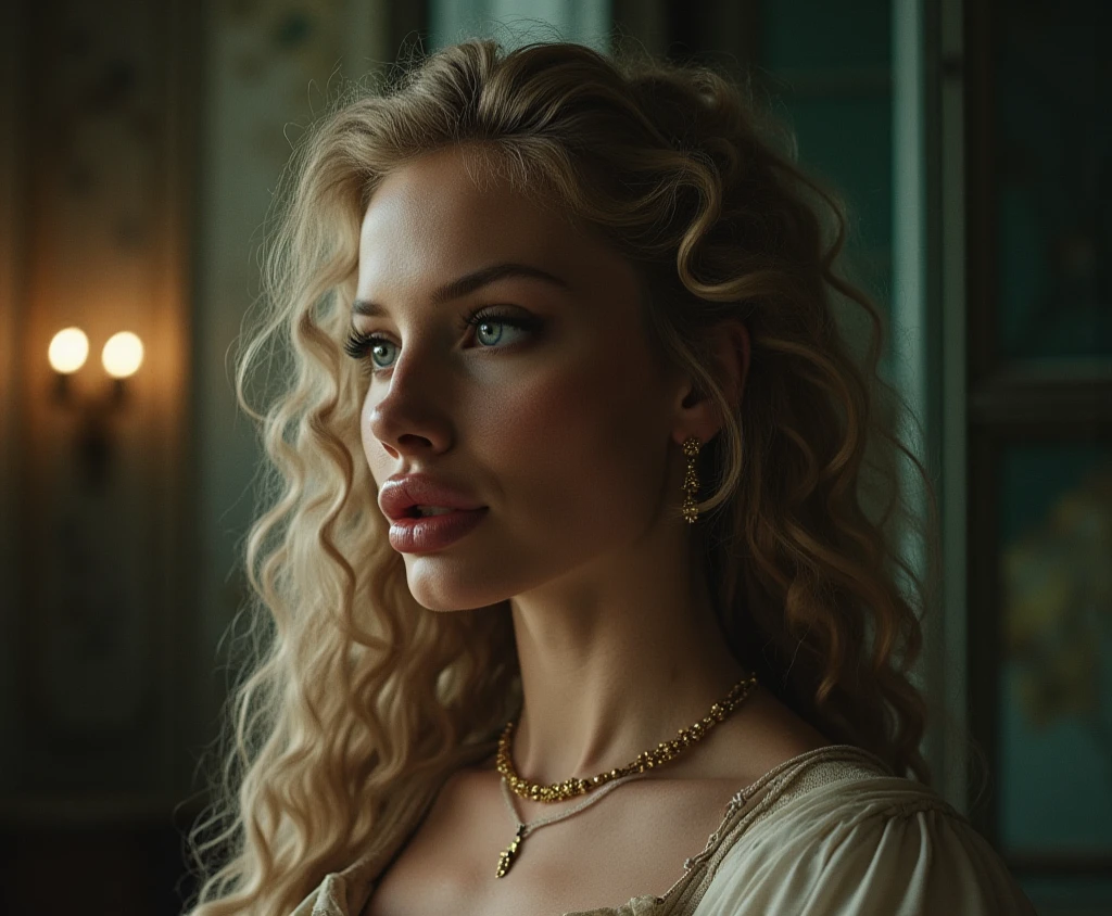 A portrait of a mysterious woman sitting in an ornate, gothic throne room, with subtle elements of fantasy and magical realism, painted with the dark and dramatic style of the Baroque period.