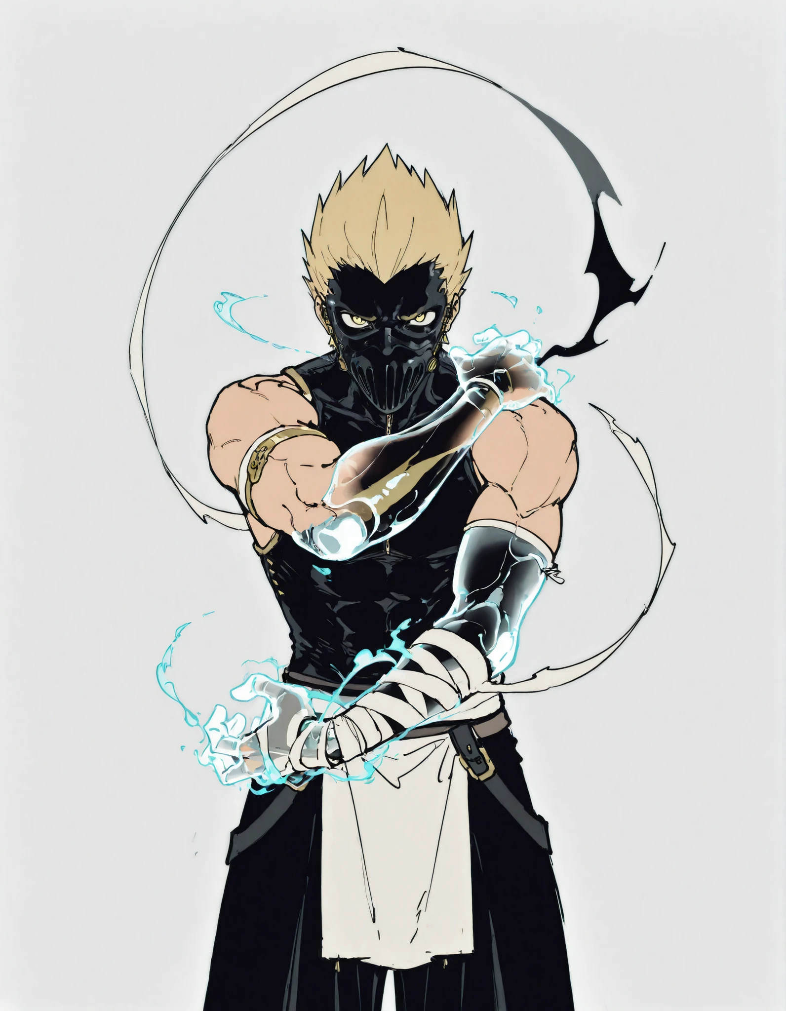 a boy,Alone,male focus, (lateral arm lift)),((in front)), straight arm,arm out,((arm pointed at your side)),Firm standing,knees slightly bent,(( straight arm)),Standing firmly,Espectro humanoide con un brazo blue transprente,a boy,Alone,male focus,Muscular,leather mask covering the mouth,hollow eye,round eye,bandages on the arms,strong hands,hand in air grip,brazo blue transparente con simbolos hasta el codo,zip closure,blonde hair,loose clothing,fabrics over the body, straight arm hacia al aldo,high arm,Muscular male,flat color,magic arm,blue,monochrome,business,sleeveless,yellow eye,Looking At The Spectator,clutching her shoulder,Serious,upper body,is coming,frown,short hair,traditional media,(( transparent arm)),( transuluded arm), (( straight arm hacia el lado)),((exploding arm of power))