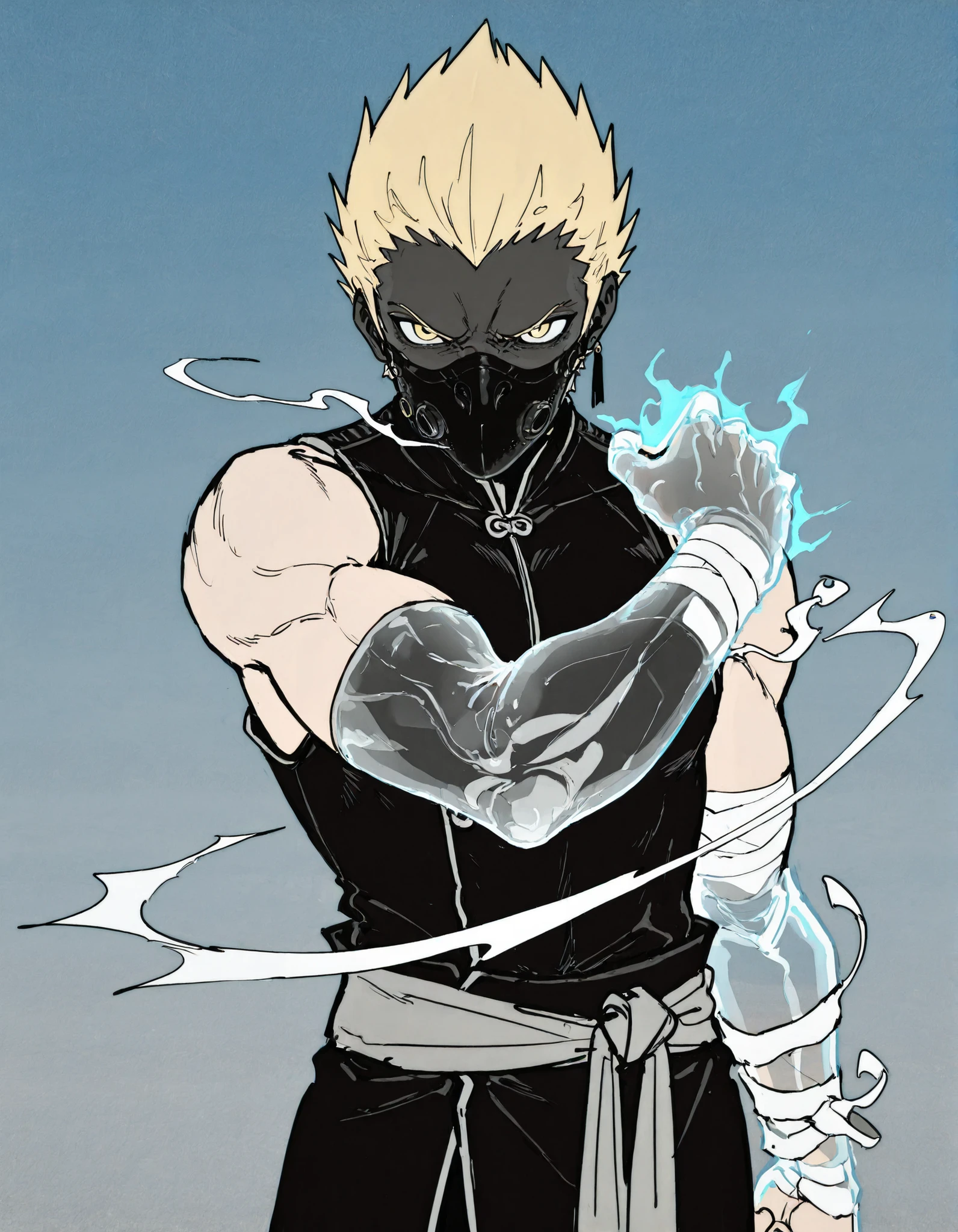 a boy,Alone,male focus, (lateral arm lift)),((in front)), straight arm,arm out,((arm pointed at your side)),Firm standing,knees slightly bent,(( straight arm)),Standing firmly,Espectro humanoide con un brazo blue transprente,a boy,Alone,male focus,Muscular,leather mask covering the mouth,hollow eye,round eye,bandages on the arms,strong hands,hand in air grip,brazo blue transparente con simbolos hasta el codo,zip closure,blonde hair,loose clothing,fabrics over the body, straight arm hacia al aldo,high arm,Muscular male,flat color,magic arm,blue,monochrome,business,sleeveless,yellow eye,Looking At The Spectator,clutching her shoulder,Serious,upper body,is coming,frown,short hair,traditional media,(( transparent arm)),( transuluded arm), (( straight arm hacia el lado)),((exploding arm of power))