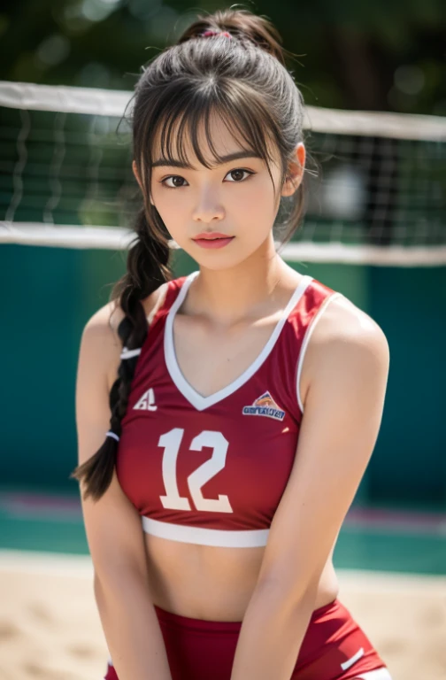 (2 beautiful Korean women volunteers, age 28, wearing White Tight Lightweight Synthetic Korea Volleyball Jersey, Red Spandex Shorts, Ankle Braces and Knee Pads, collecting beach trash, during Sunrise On The Beach, thoughtful expressions, kind smile, dimpled chins, cute snaggle-tooth, short hair ponytail, symmetrical face, beautiful detailed face, beautiful detailed eyes, perfect body proportions, ample round bosoms, photorealistic, hyper-realism, high contrast, ultra HD, realistic skin textures, top image quality, top-quality, super high resolution, fine details, very meticulously, masterpiece, head to knees, High Angle Shot, bokeh background) #WorldOceansDay