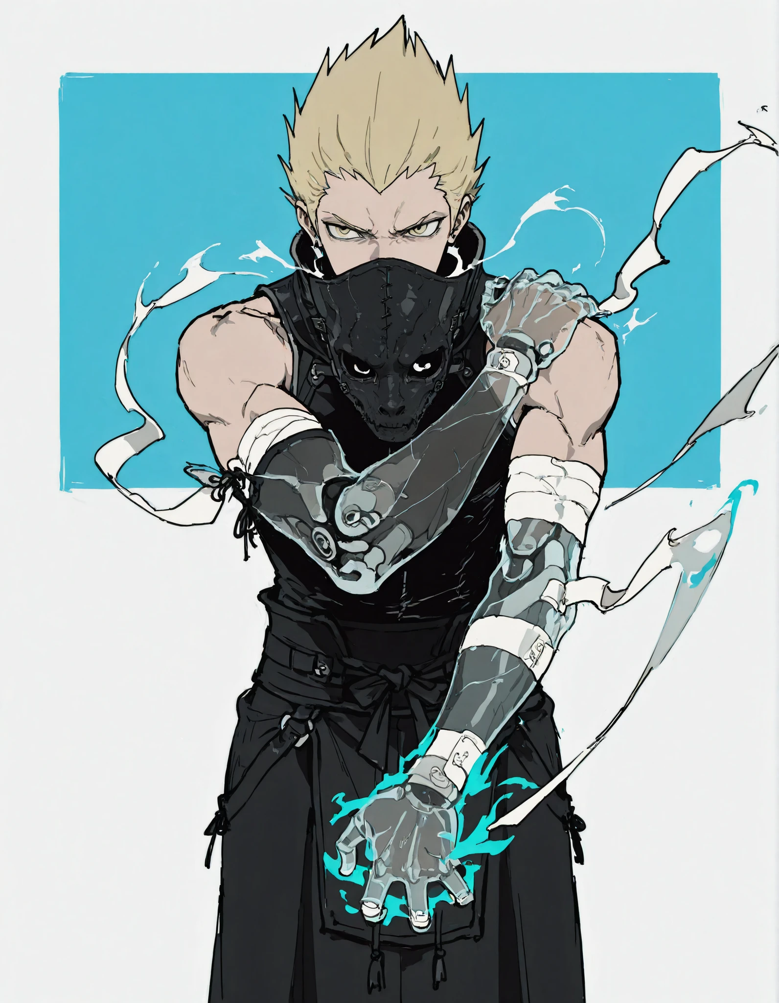a boy,Alone,male focus, (lateral arm lift)),((in front)), straight arm,arm out,((arm pointed at your side)),Firm standing,knees slightly bent,(( straight arm)),Standing firmly,Espectro humanoide con un brazo blue transprente,a boy,Alone,male focus,Muscular,leather mask covering the mouth,hollow eye,round eye,bandages on the arms,strong hands,hand in air grip,brazo blue transparente con simbolos hasta el codo,zip closure,blonde hair,loose clothing,fabrics over the body, straight arm hacia al aldo,high arm,Muscular male,flat color,magic arm,blue,monochrome,business,sleeveless,yellow eye,Looking At The Spectator,clutching her shoulder,Serious,upper body,is coming,frown,short hair,traditional media,(( transparent arm)),( transuluded arm), (( straight arm hacia el lado)),((exploding arm of power))
