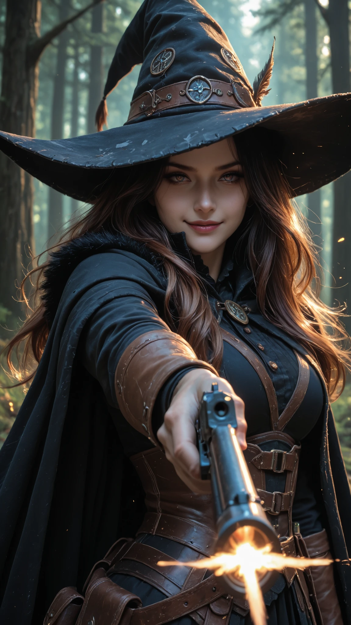 SFW, Lethal modern body hunter, beautiful woman with witch hat, dark clothes, flowing hair, sadic smirk, looking at viewer, gun, firing, aiming at viewer, aiming, solo, in the isekai world forest.