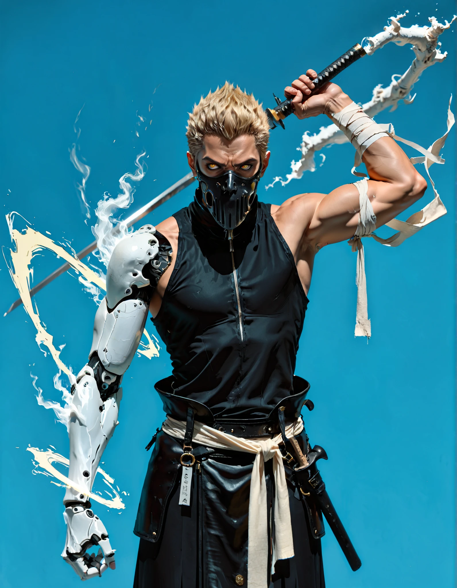 a boy,Alone,male focus, (lateral arm lift)),((in front)), straight arm,arm out,((arm pointed at your side)),Firm standing,knees slightly bent,(( straight arm)),Standing firmly,Espectro humanoide con un brazo blue transprente,a boy,Alone,male focus,Muscular,leather mask covering the mouth,hollow eye,round eye,bandages on the arms,strong hands,hand in air grip,brazo blue transparente con simbolos hasta el codo,zip closure,blonde hair,loose clothing,fabrics over the body, straight arm hacia al aldo,high arm,Muscular male,flat color,magic arm,blue,monochrome,business,sleeveless,yellow eye,Looking At The Spectator,clutching her shoulder,Serious,upper body,is coming,frown,short hair,traditional media,(( transparent arm)),( transuluded arm), (( straight arm hacia el lado)),((exploding arm of power))