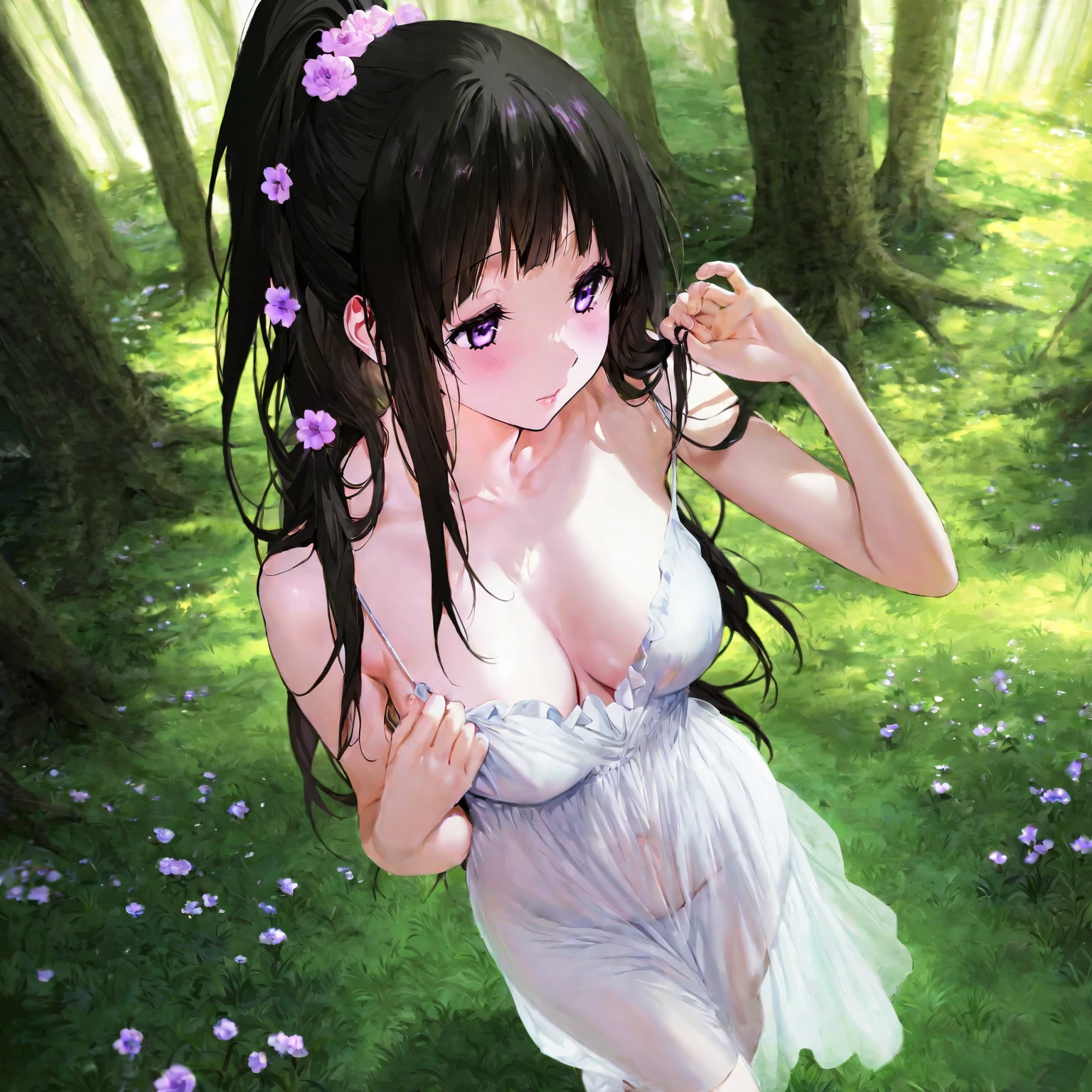 Amazing Chitanda, There is only one beautiful girl，Purple Eyes, Black Hair, Very red face，Very white skin，Glowing skin，Skin as delicate as porcelain，Naturally straight hair, Straight bangs，Extremely refined，Open lips，Long flowing hair，Beautiful Girl, Like a dream，Slim，Slim waist，soft, (sensuous), (Kawaii), Dream quality，Beautiful big breasts， wedding dress，，Completely ，White gloves，Flower decoration，Deep V neckline，Loose neckline，Wide neckline，Walking in school，Place your hands on your inner thighs，Thighs clamp hands，Wet skin，Sweaty and sweaty，Sweating all over， Rain，Next to the cherry blossom trees，Back to，Lean over，Hips，Side body，Gluteal groove，Completely  buttocks， back，Completely  back，Light transmission，（），nopan，， shoulders， neck， collarbone，Exposing breasts，Exposing breasts side，Exposing breasts，Show your waist，Show your buttocks，Show your thighs，Exposing the groin，（），extremely shy，Ultra-high resolution, (masterpiece:1.2, best quality), (Delicate and beautiful eyes: 1.2), (Beautiful and delicate face)