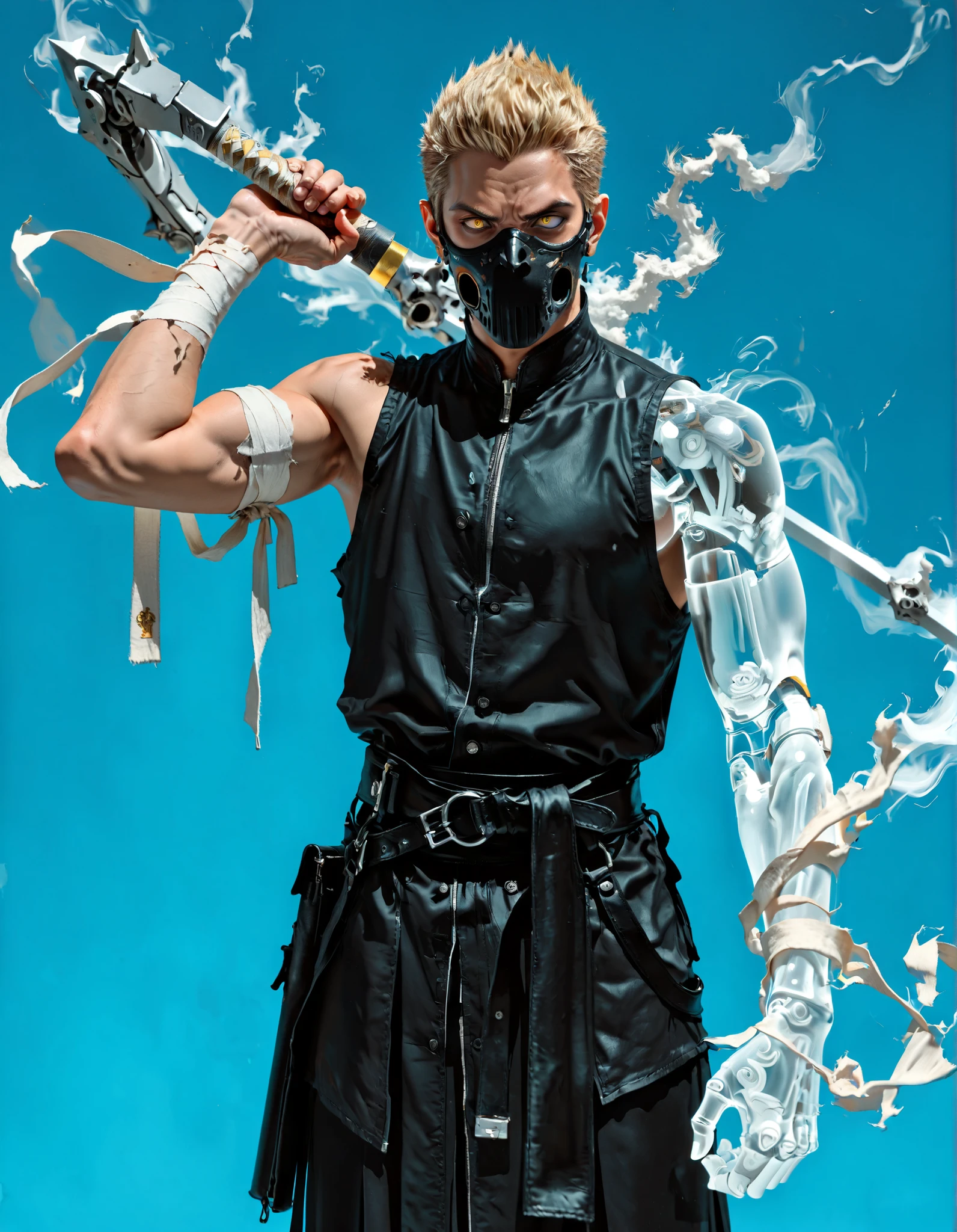 a boy,Alone,male focus, (lateral arm lift)),((in front)), straight arm,arm out,((arm pointed at your side)),Firm standing,knees slightly bent,(( straight arm)),Standing firmly,Espectro humanoide con un brazo blue transprente,a boy,Alone,male focus,Muscular,leather mask covering the mouth,hollow eye,round eye,bandages on the arms,strong hands,hand in air grip,brazo blue transparente con simbolos hasta el codo,zip closure,blonde hair,loose clothing,fabrics over the body, straight arm hacia al aldo,high arm,Muscular male,flat color,magic arm,blue,monochrome,business,sleeveless,yellow eye,Looking At The Spectator,clutching her shoulder,Serious,upper body,is coming,frown,short hair,traditional media,(( transparent arm)),( transuluded arm), (( straight arm hacia el lado)),((exploding arm of power))