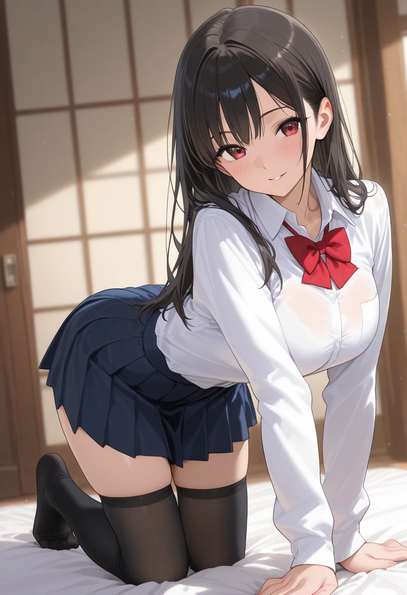 Best Quality,masutepiece，look down on, Upper body，Strands of hair,Farbe々Hair color,‎Classroom，tiny chest、red blush, Bow, Red bow, Long sleeves, Shirt, Collared shirt, Skirt, Pleated skirt, Black skirt, tiny chest、looking at the viewers, BREAK (masutepiece:1.2), Best Quality, High resolution, Unity 8k壁纸, (Illustration:0.8), (Beautiful detailed eyes:1.6), extra detailed face, Perfect Lighting, extremely details CG, (Perfect hands, Perfect Anatomy),A smile、(Skirt lift:1.3), (White :1.3)、(Skirt that rolls up:1.3)、(Fully exposed panties:1.5)，(Multiple girls)