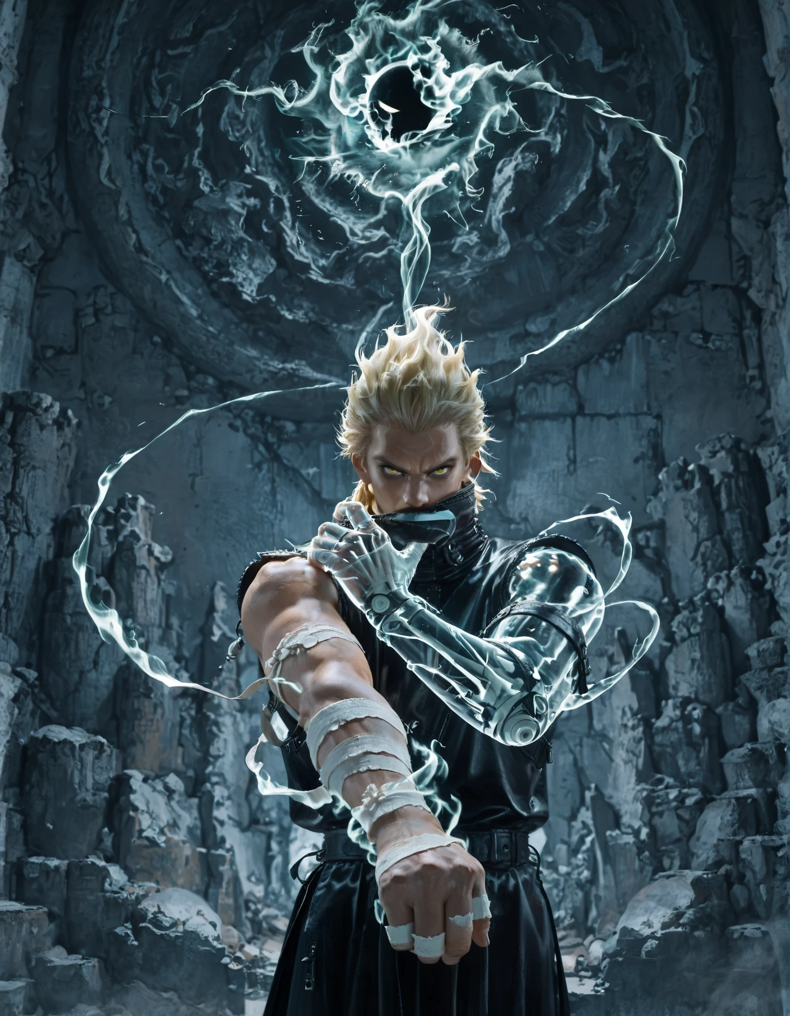 a boy,Alone,male focus, (lateral arm lift)),((in front)), straight arm,arm out,((arm pointed at your side)),Firm standing,knees slightly bent,(( straight arm)),Standing firmly,Espectro humanoide con un brazo blue transprente,a boy,Alone,male focus,Muscular,leather mask covering the mouth,hollow eye,round eye,bandages on the arms,strong hands,hand in air grip,brazo blue transparente con simbolos hasta el codo,zip closure,blonde hair,loose clothing,fabrics over the body, straight arm hacia al aldo,high arm,Muscular male,flat color,magic arm,blue,monochrome,business,sleeveless,yellow eye,Looking At The Spectator,clutching her shoulder,Serious,upper body,is coming,frown,short hair,traditional media,(( transparent arm)),( transuluded arm), (( straight arm hacia el lado)),((exploding arm of power))